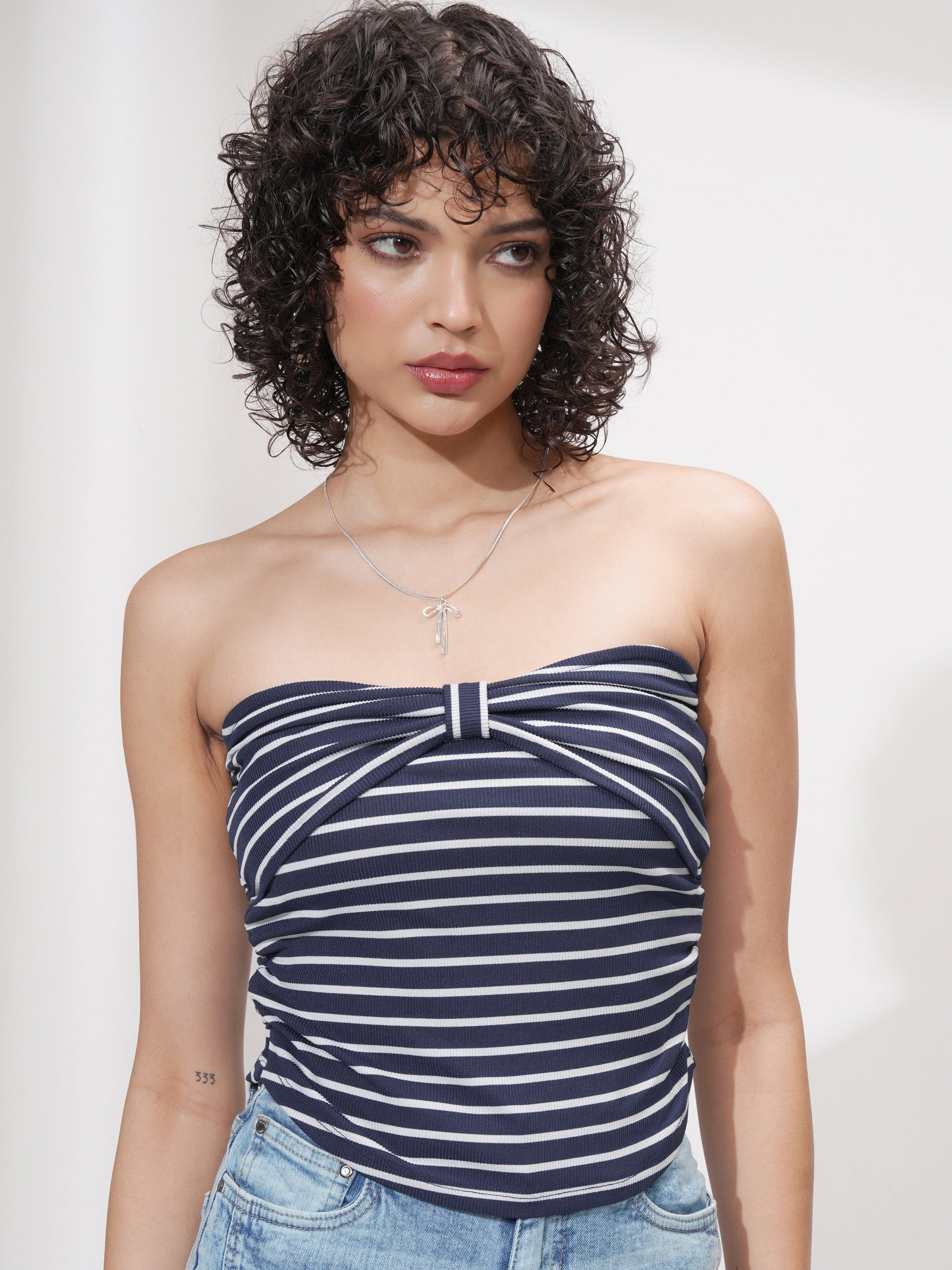 Tokyo Talkies Women Navy Blue Striped Fitted Top - Navy Blue - Image 1