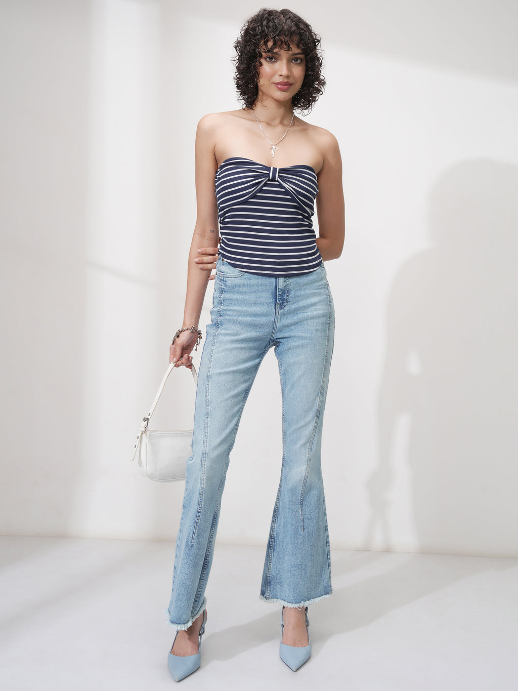 Tokyo Talkies Women Navy Blue Striped Fitted Top - Navy Blue - Image 2