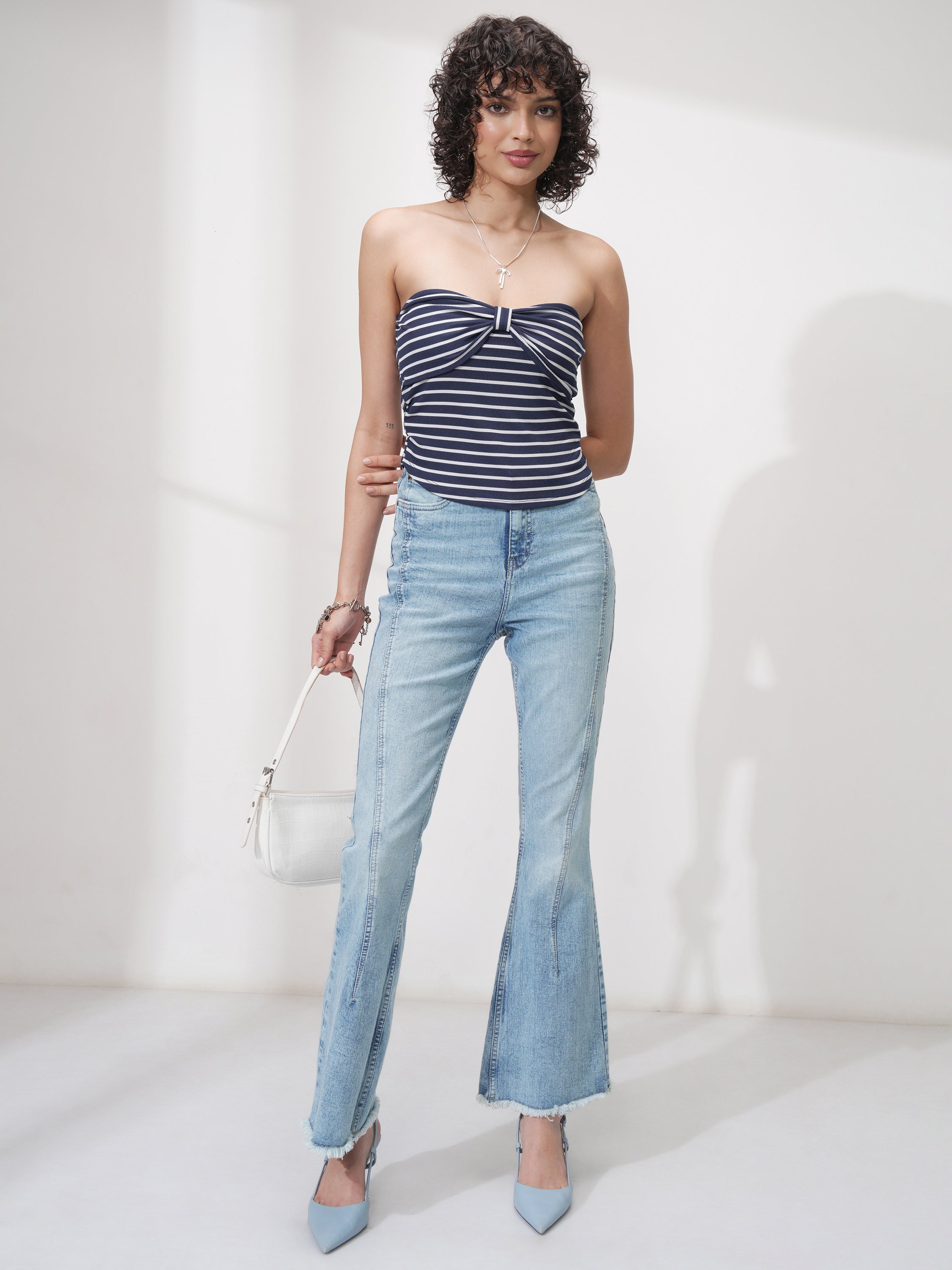 Tokyo Talkies Women Navy Blue Striped Fitted Top - Navy Blue - Image 2