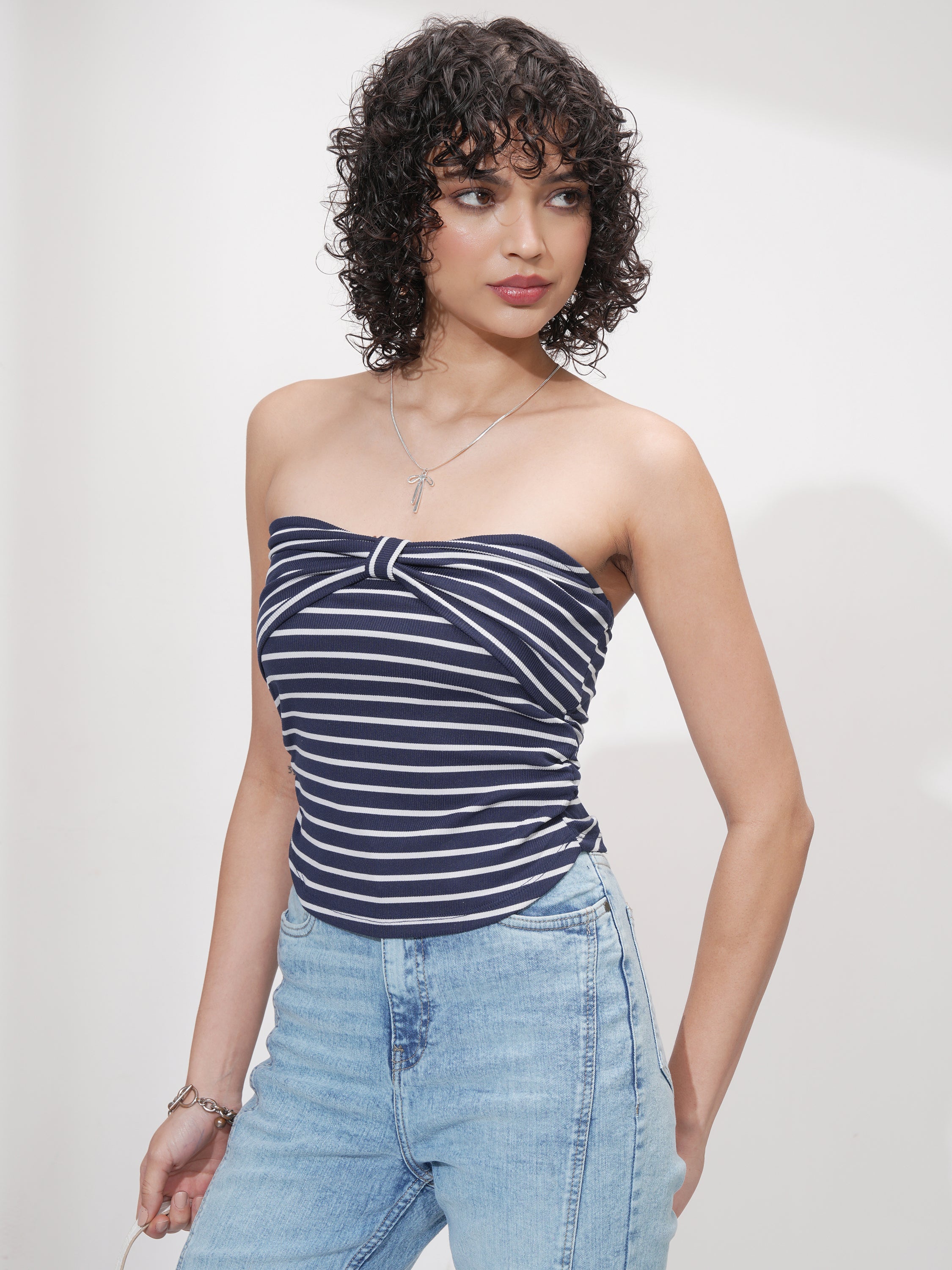 Tokyo Talkies Women Navy Blue Striped Fitted Top - Navy Blue - Image 4