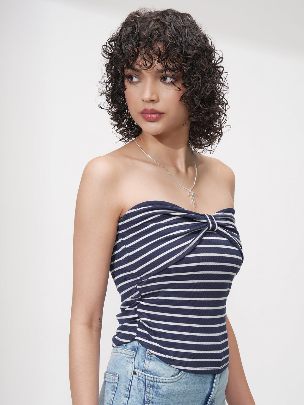 Tokyo Talkies Women Navy Blue Striped Fitted Top - Navy Blue - Image 6