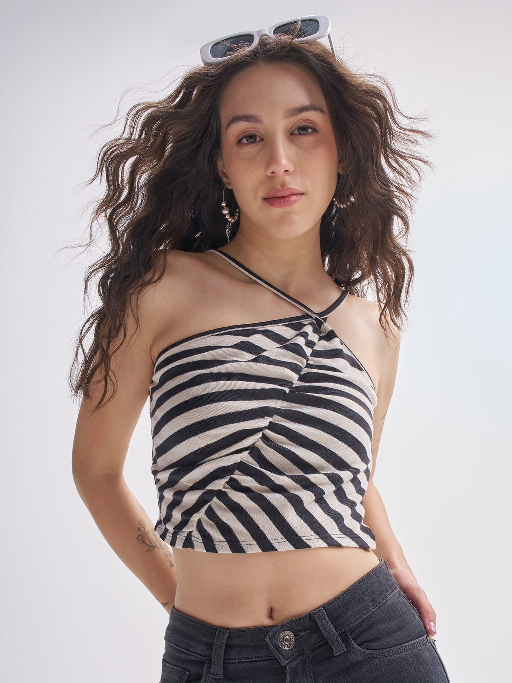 Tokyo Talkies Women Black Striped Regular Top - Black - Image 1