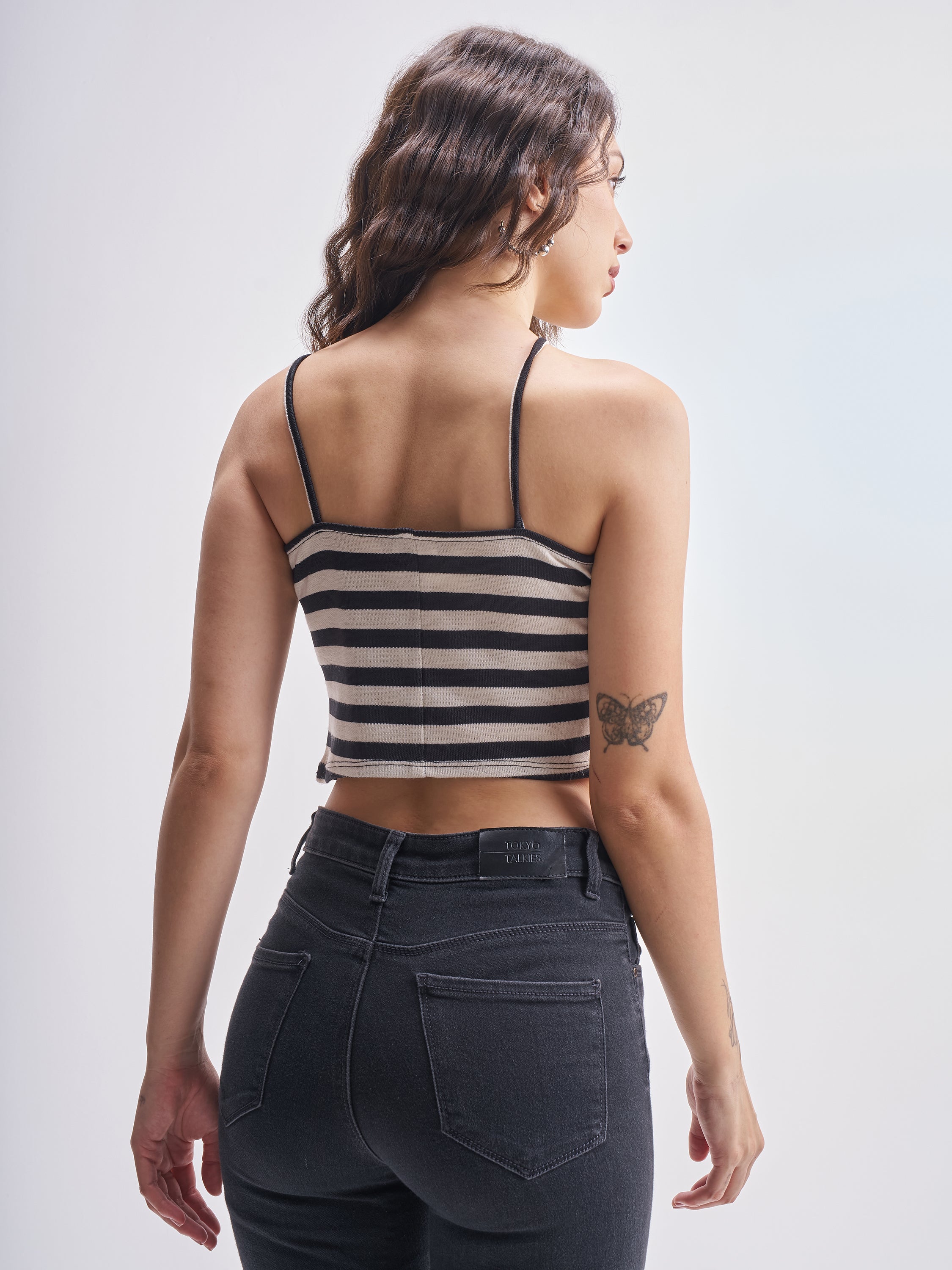 Tokyo Talkies Women Black Striped Regular Top - Black - Image 3