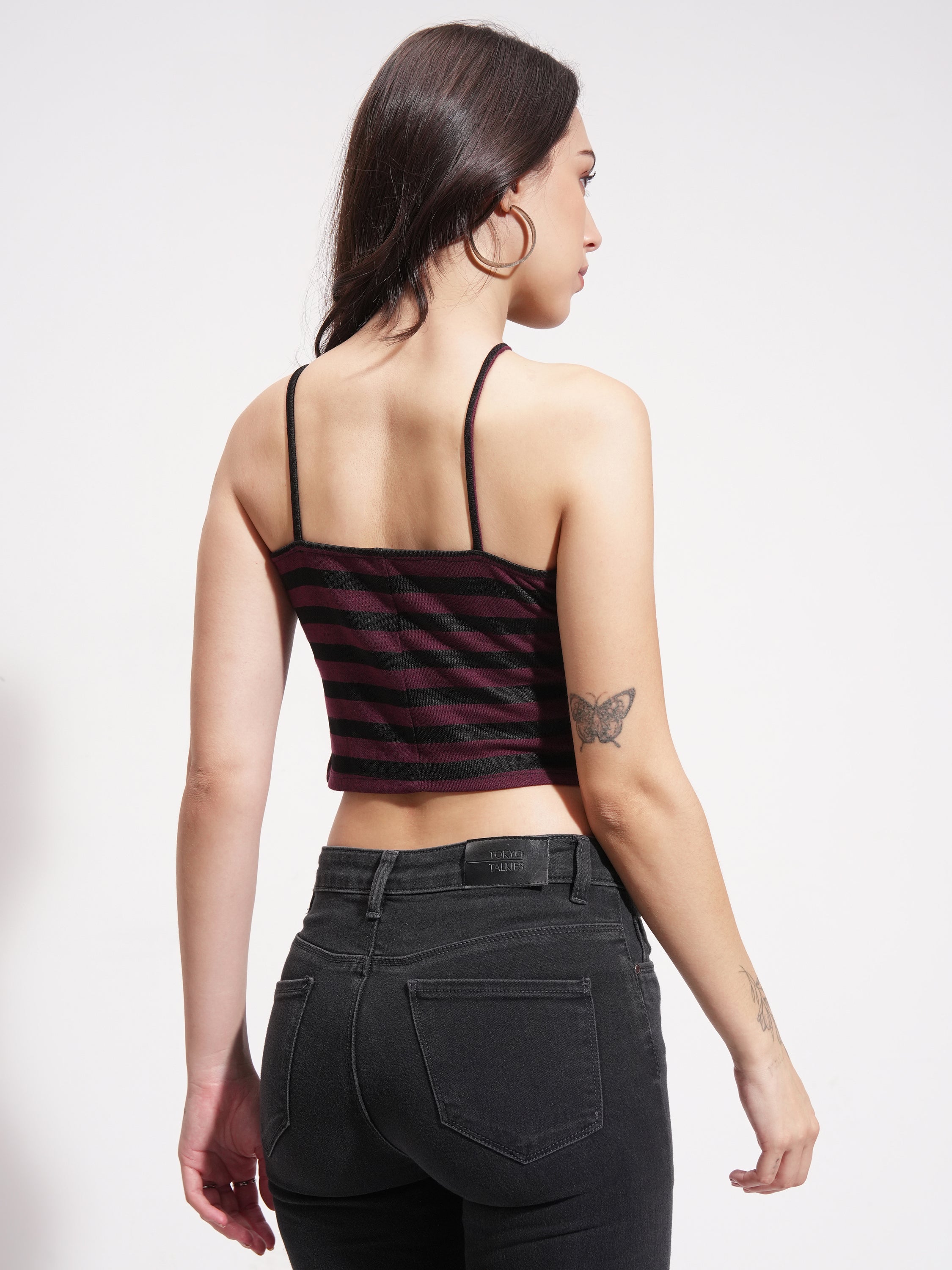 Tokyo Talkies Women Purple Striped Regular Top - Purple - Image 3