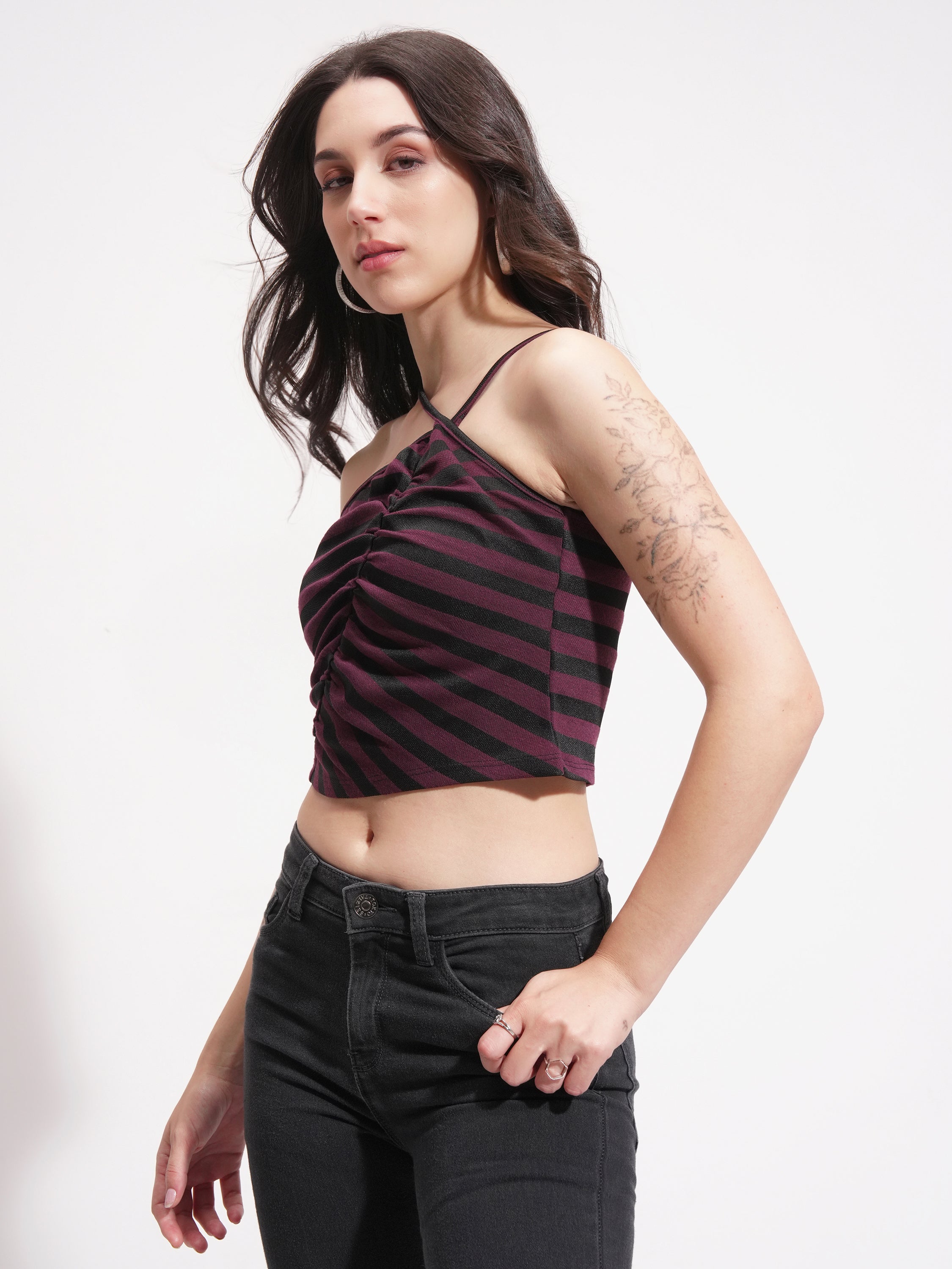 Tokyo Talkies Women Purple Striped Regular Top - Purple - Image 4