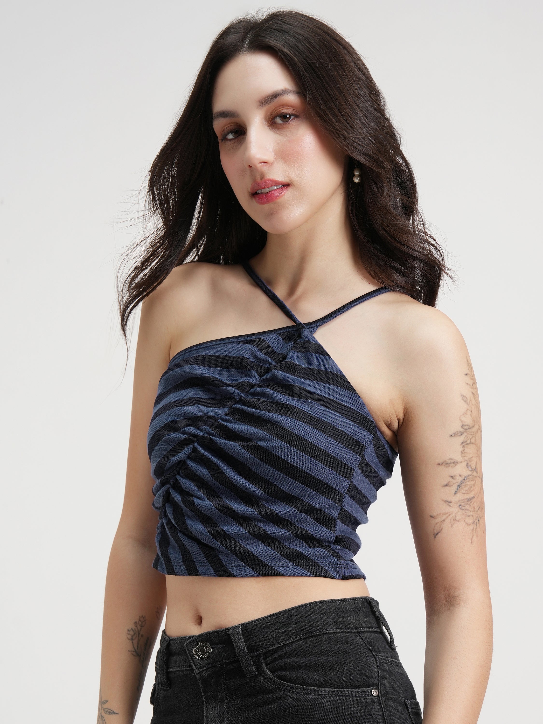 Tokyo Talkies Women Blue Striped Regular Top - Blue - Image 4