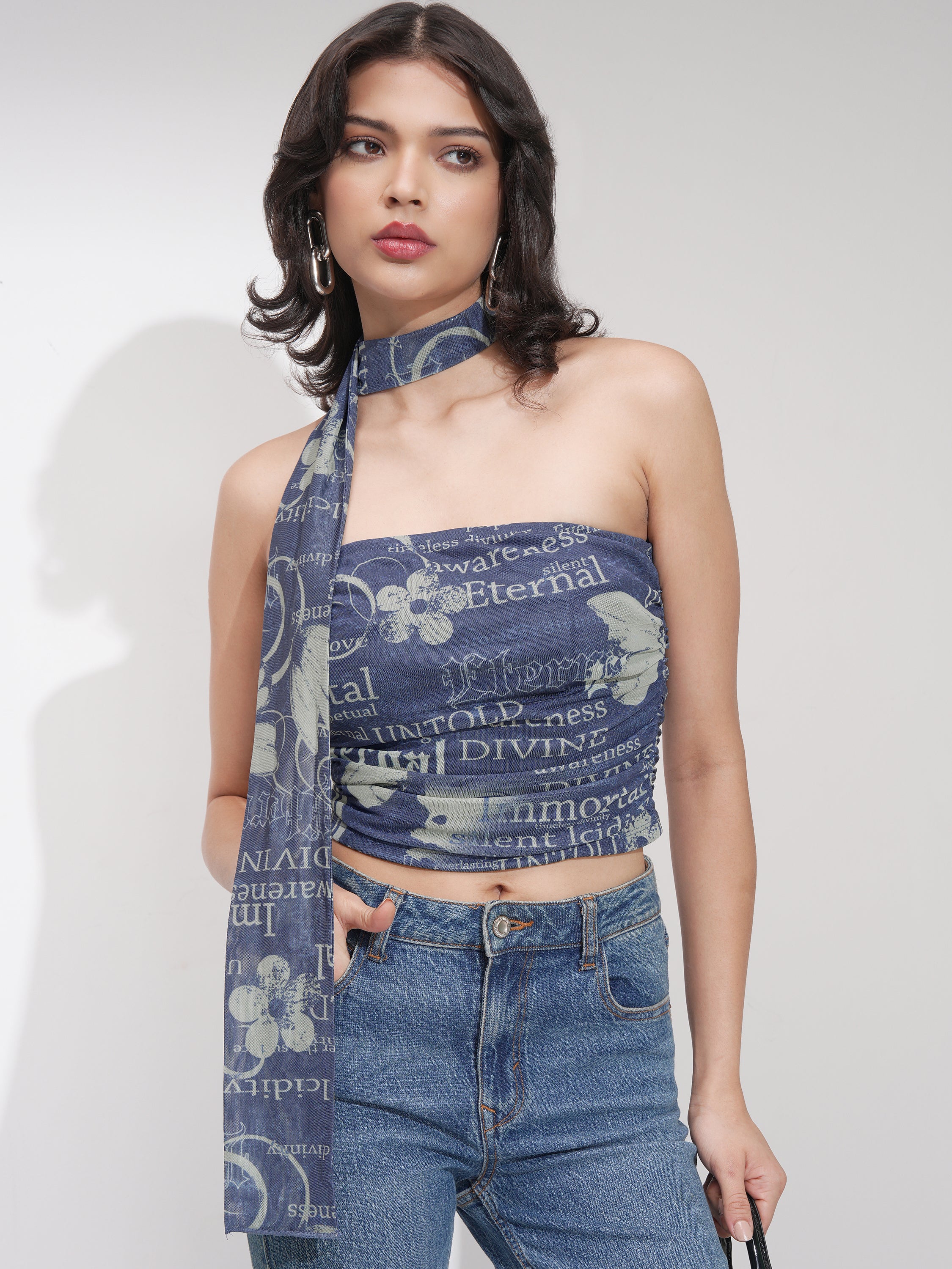 Tokyo Talkies Women Blue Printed Fitted Top - Blue - Image 1