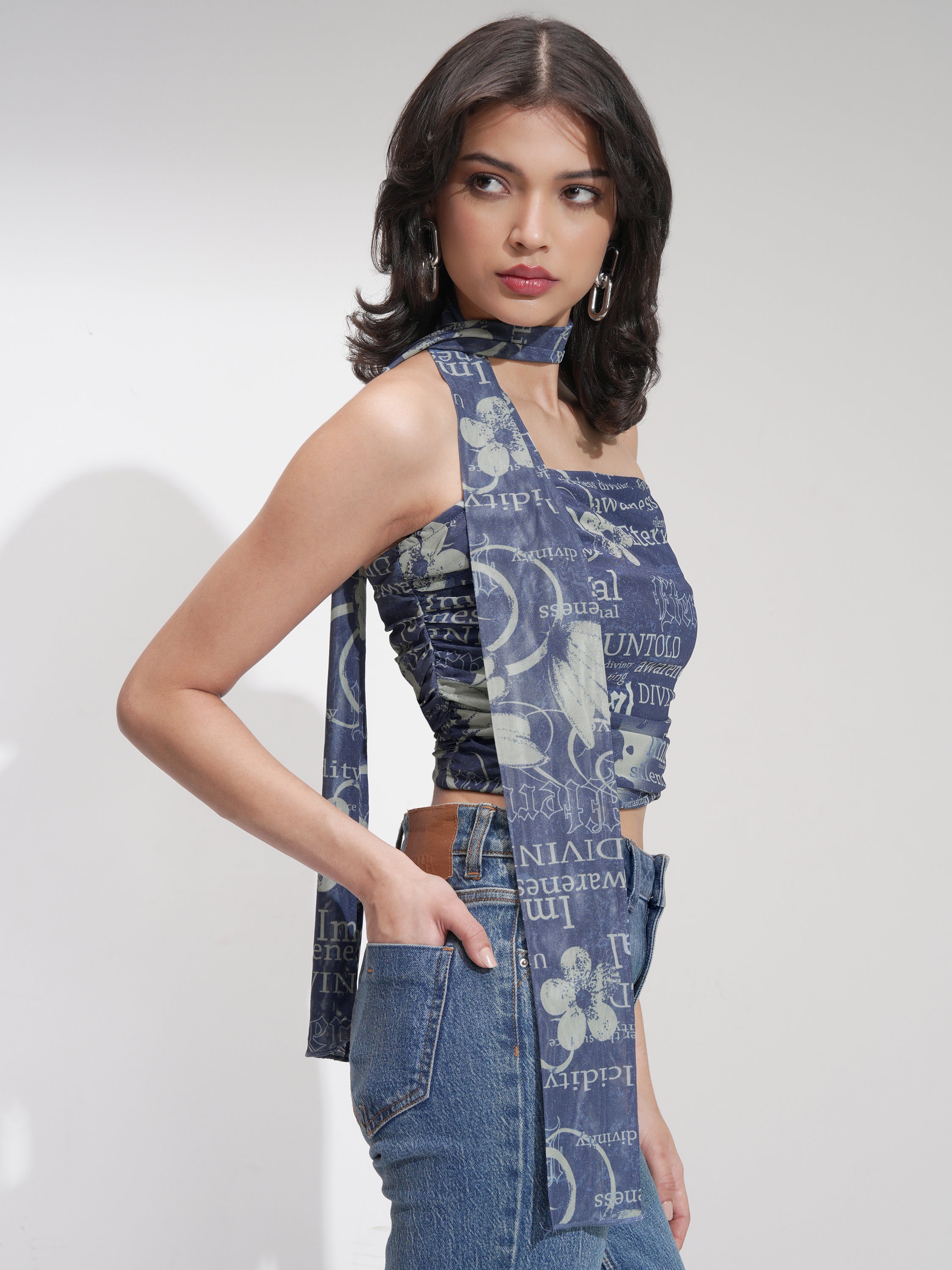 Tokyo Talkies Women Blue Printed Fitted Top - Blue - Image 6