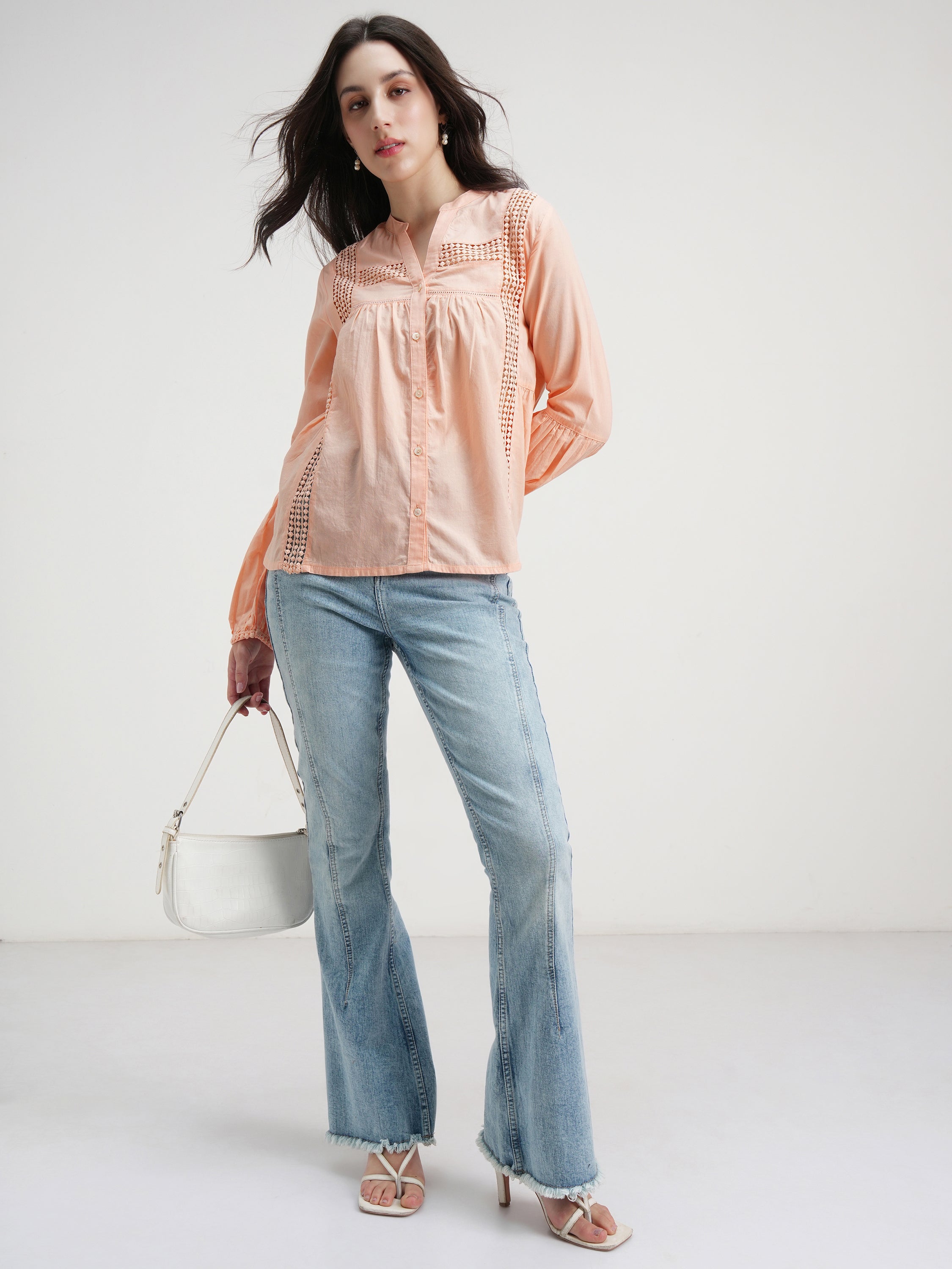 Tokyo Talkies Women Peach Solid Shirt Style Top - Peach - Image 2
