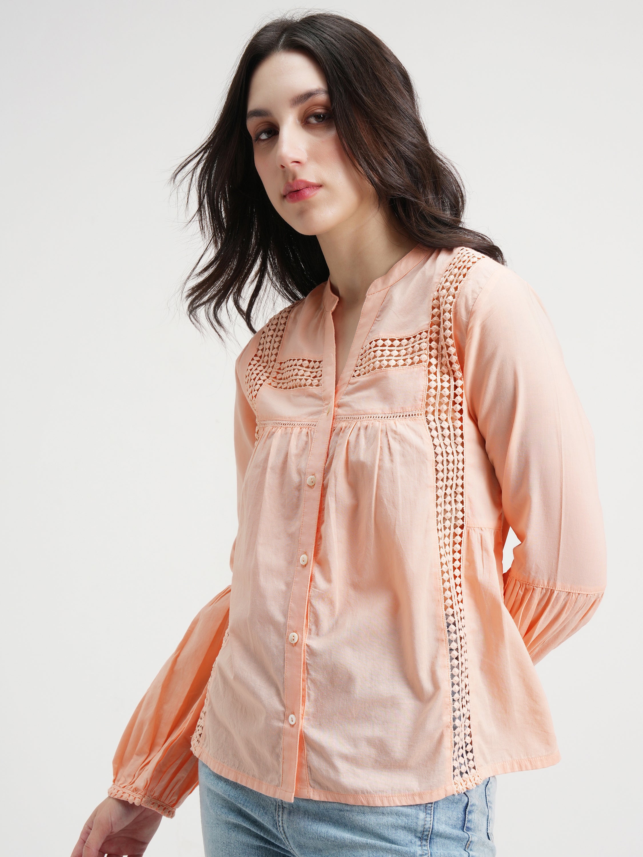 Tokyo Talkies Women Peach Solid Shirt Style Top - Peach - Image 4