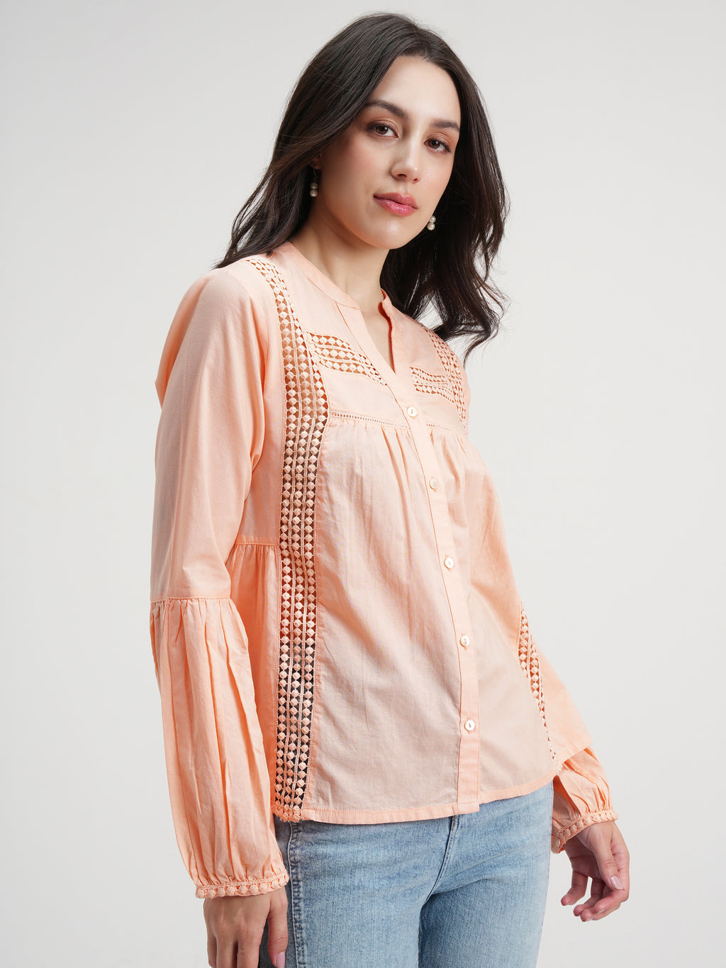 Tokyo Talkies Women Peach Solid Shirt Style Top - Peach - Image 6