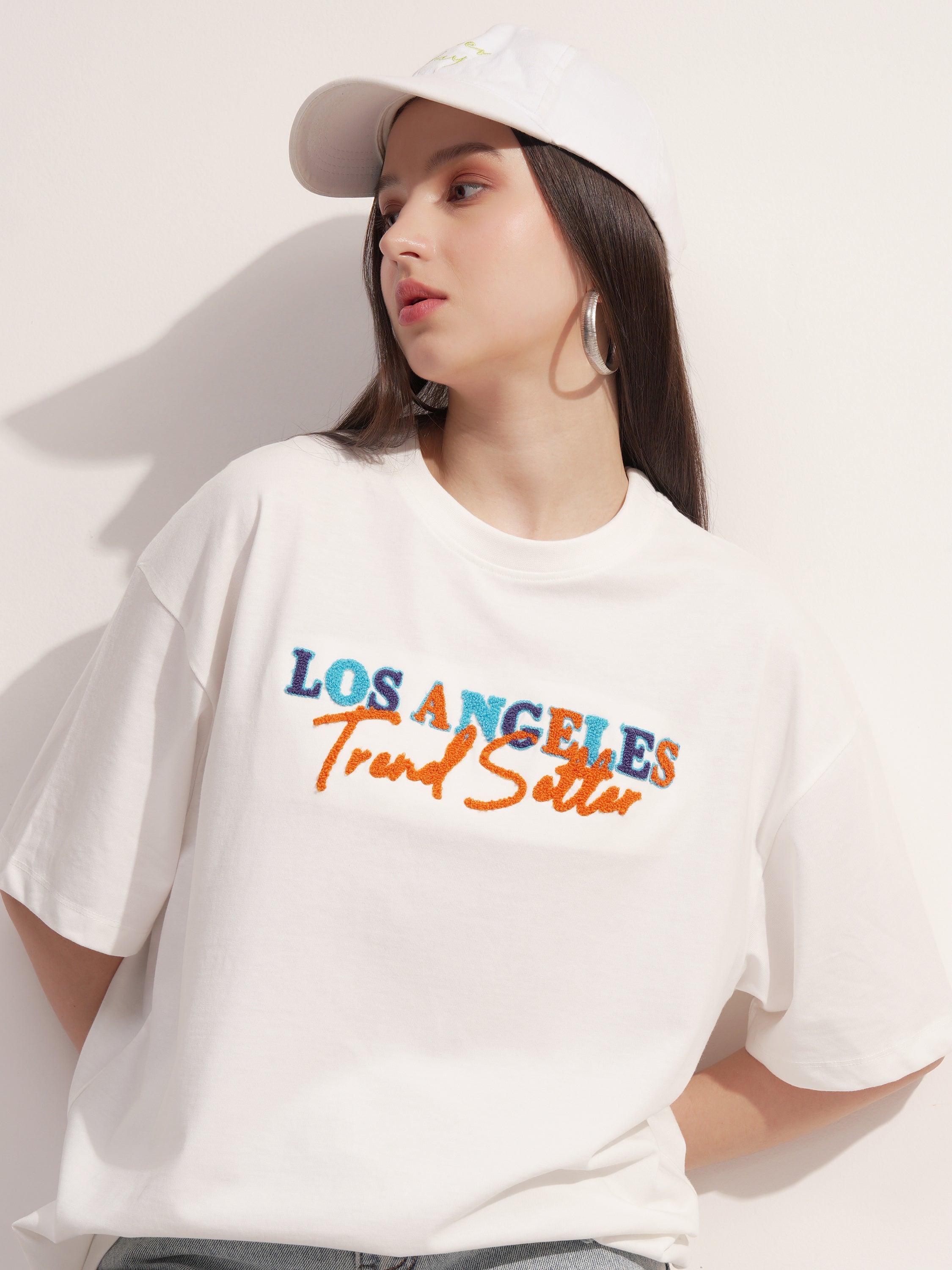 Tokyo Talkies Women White Embroidered Round Neck Oversized Fit T-Shirt - White - Image 1