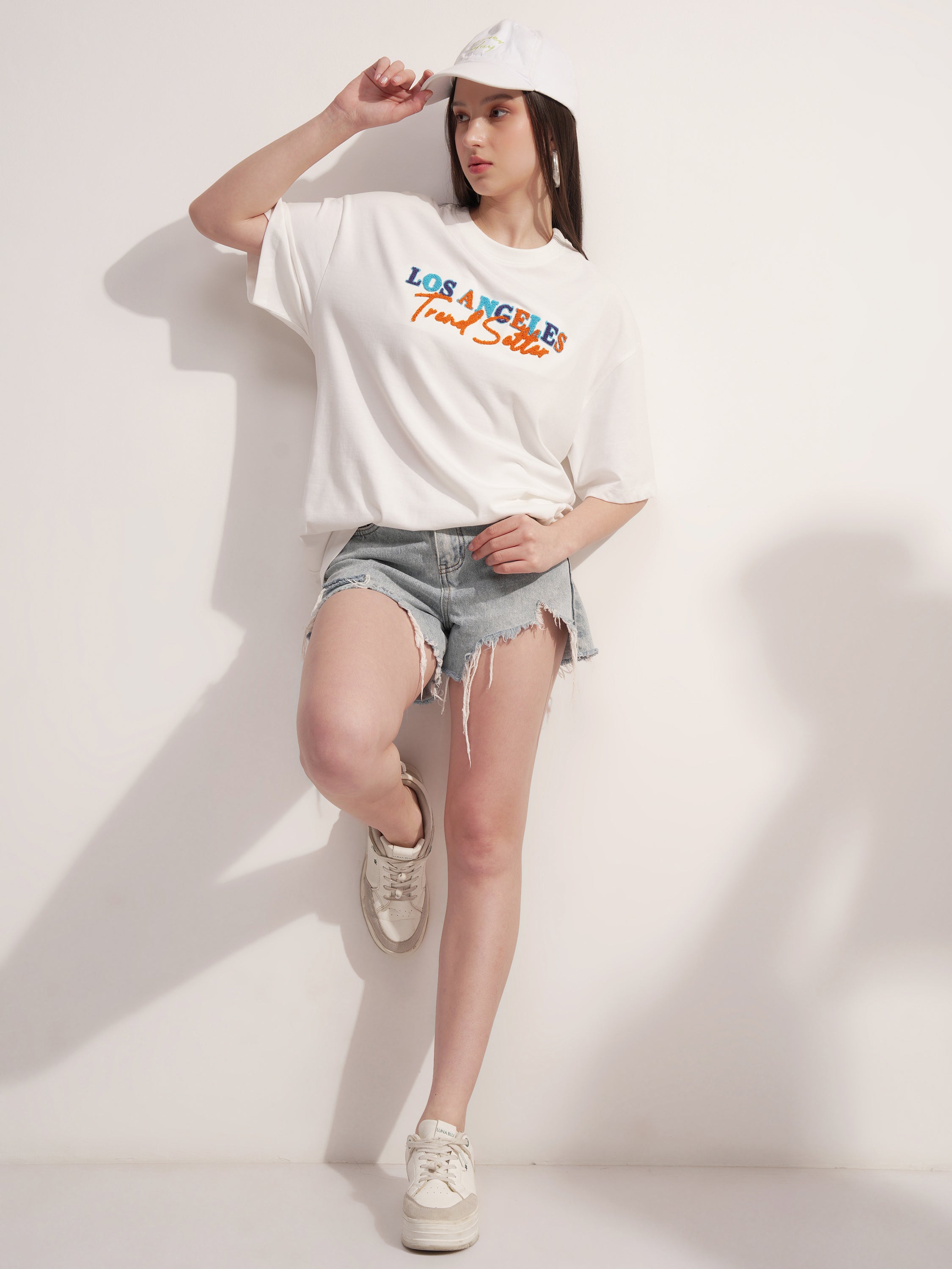 Tokyo Talkies Women White Embroidered Round Neck Oversized Fit T-Shirt - White - Image 2