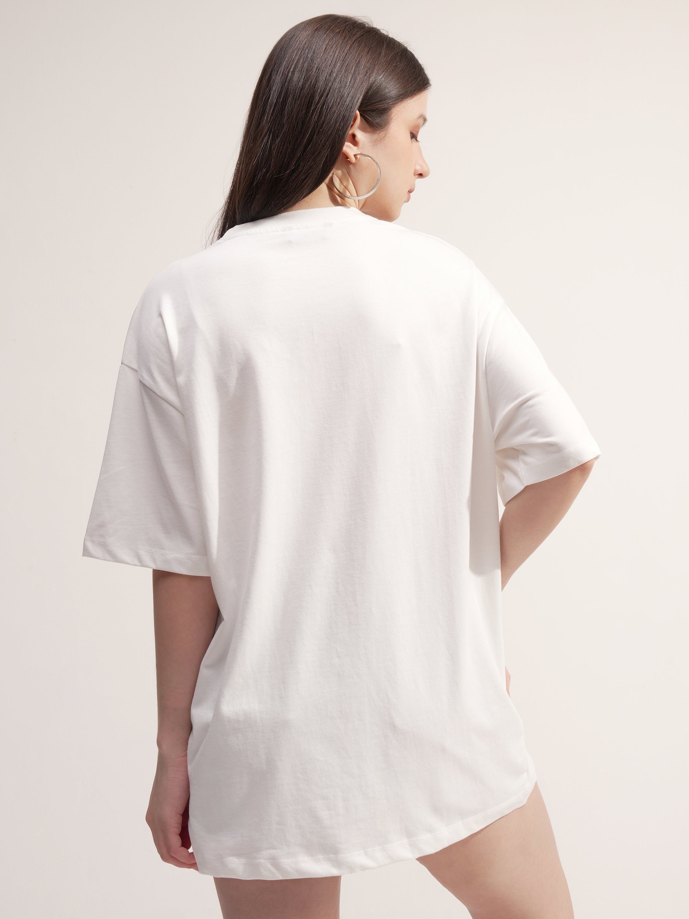 Tokyo Talkies Women White Embroidered Round Neck Oversized Fit T-Shirt - White - Image 3