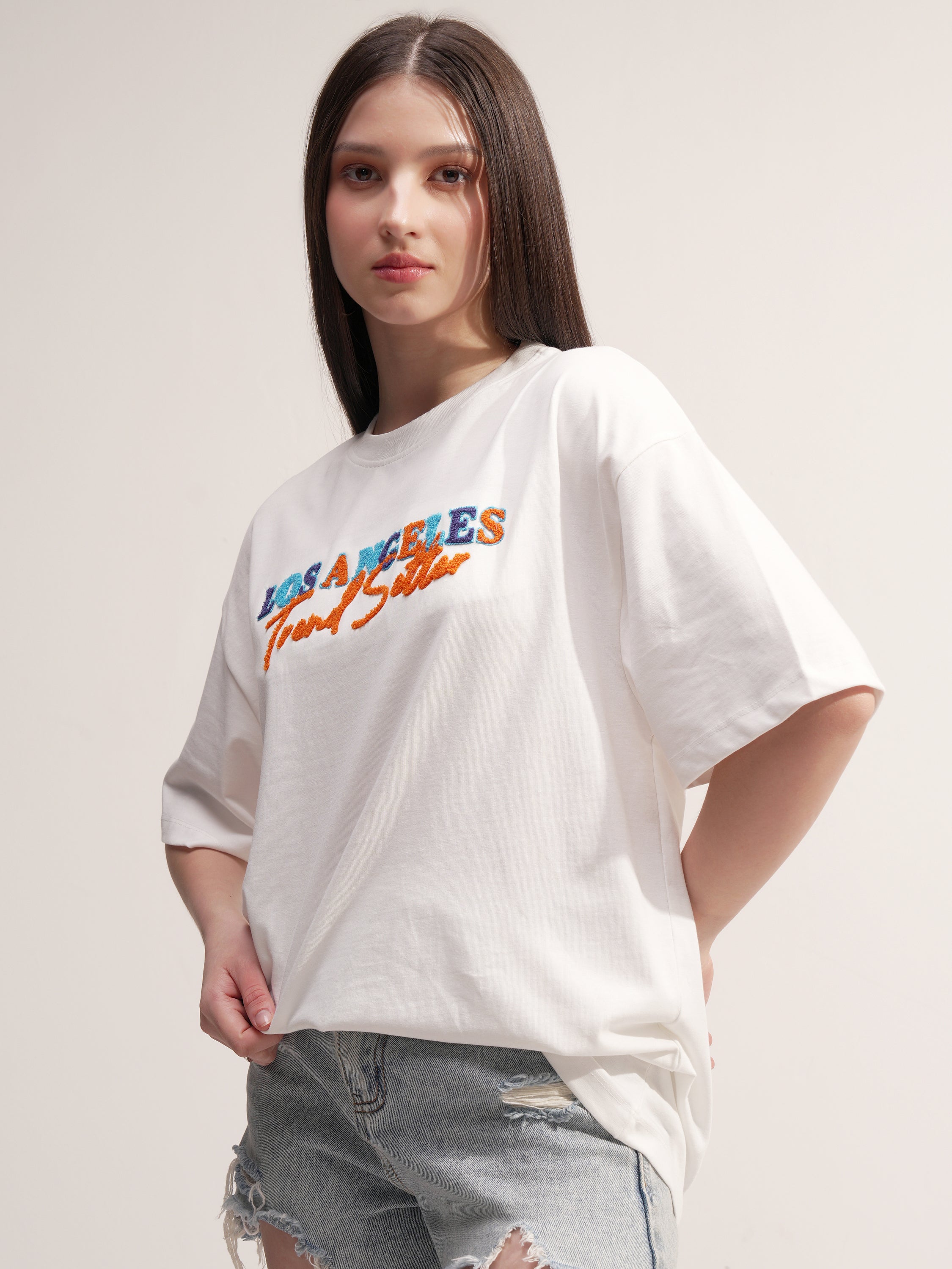 Tokyo Talkies Women White Embroidered Round Neck Oversized Fit T-Shirt - White - Image 4