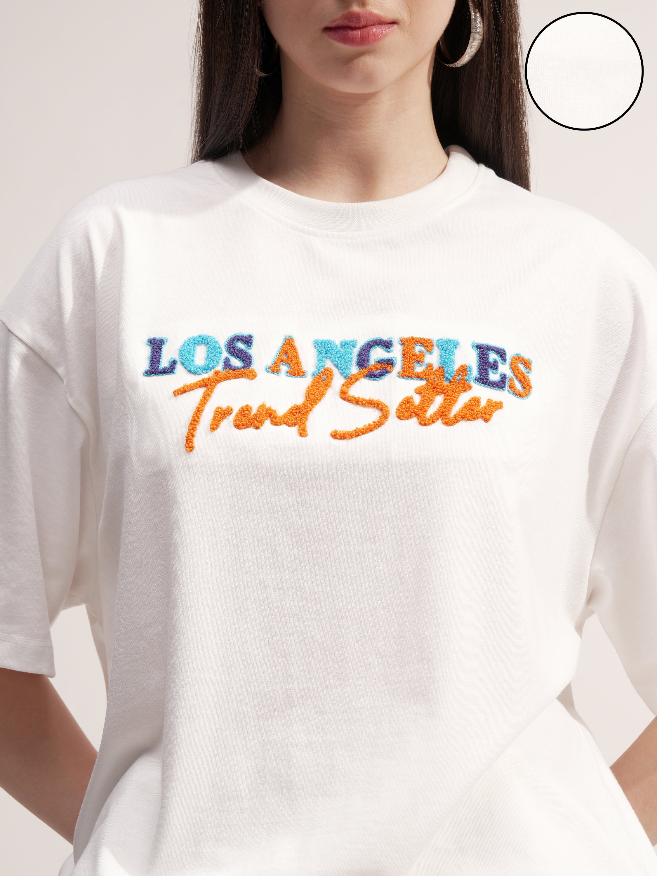 Tokyo Talkies Women White Embroidered Round Neck Oversized Fit T-Shirt - White - Image 5
