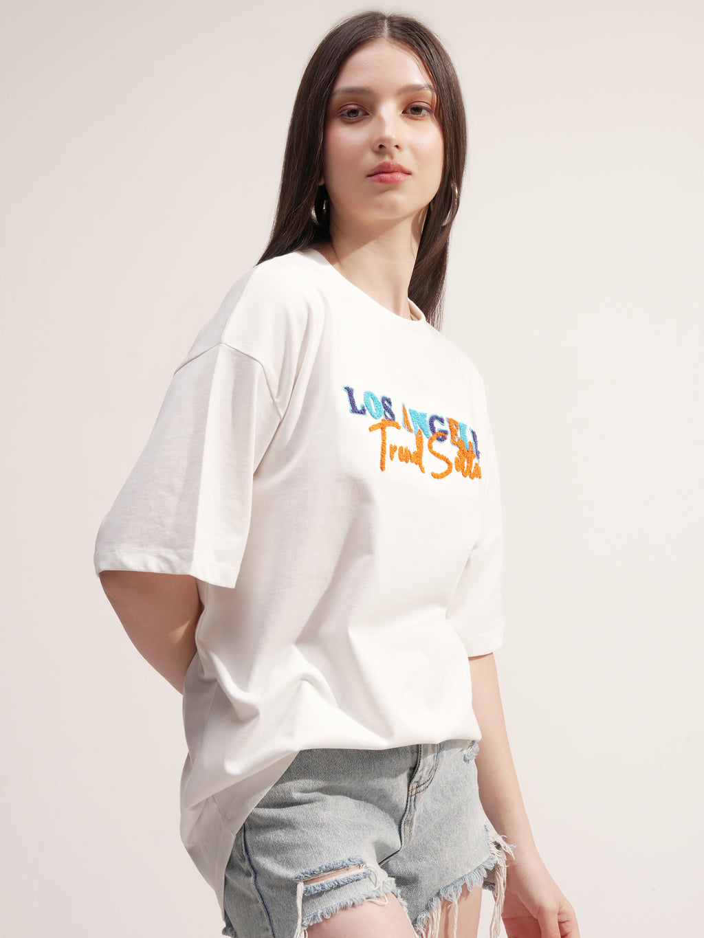 Tokyo Talkies Women White Embroidered Round Neck Oversized Fit T-Shirt - White - Image 6