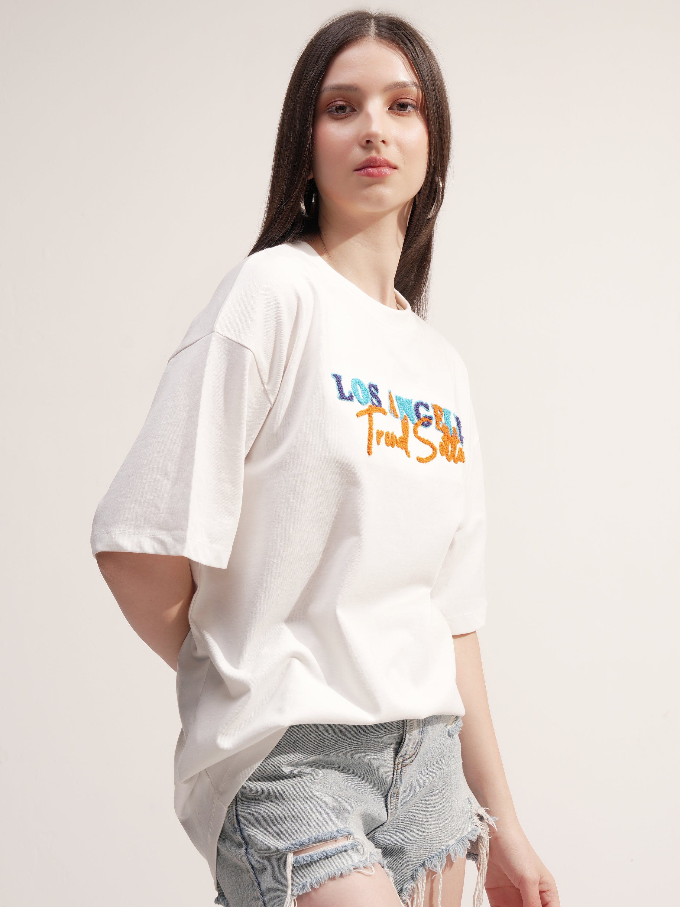 Tokyo Talkies Women White Embroidered Round Neck Oversized Fit T-Shirt - White - Image 6