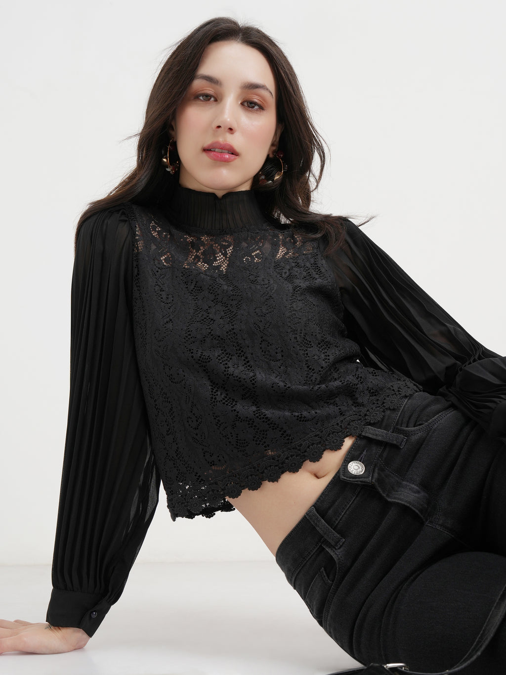 Tokyo Talkies Women Black Self Design Regular Top - Black - Image 1