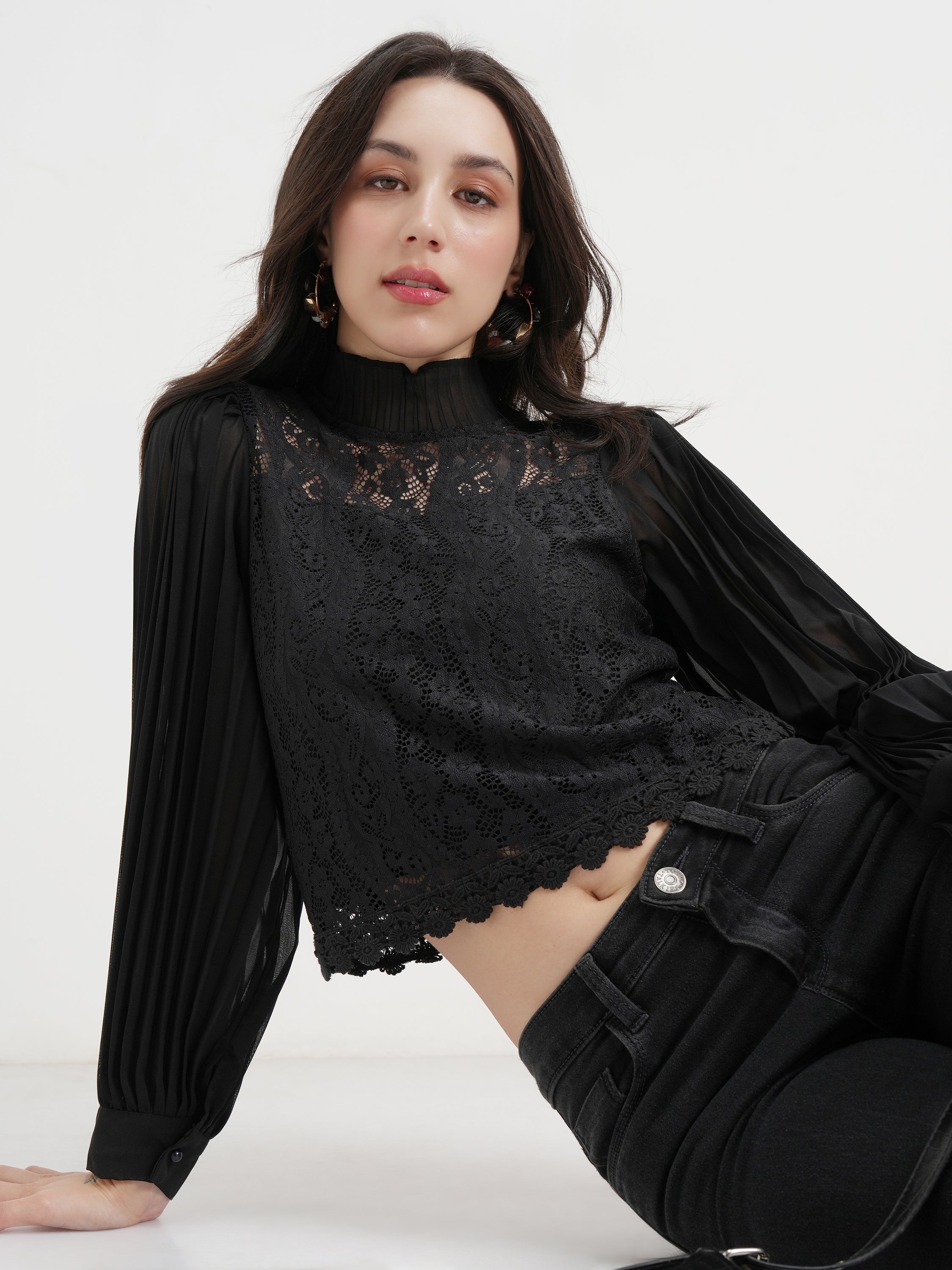 Tokyo Talkies Women Black Self Design Regular Top - Black - Image 1