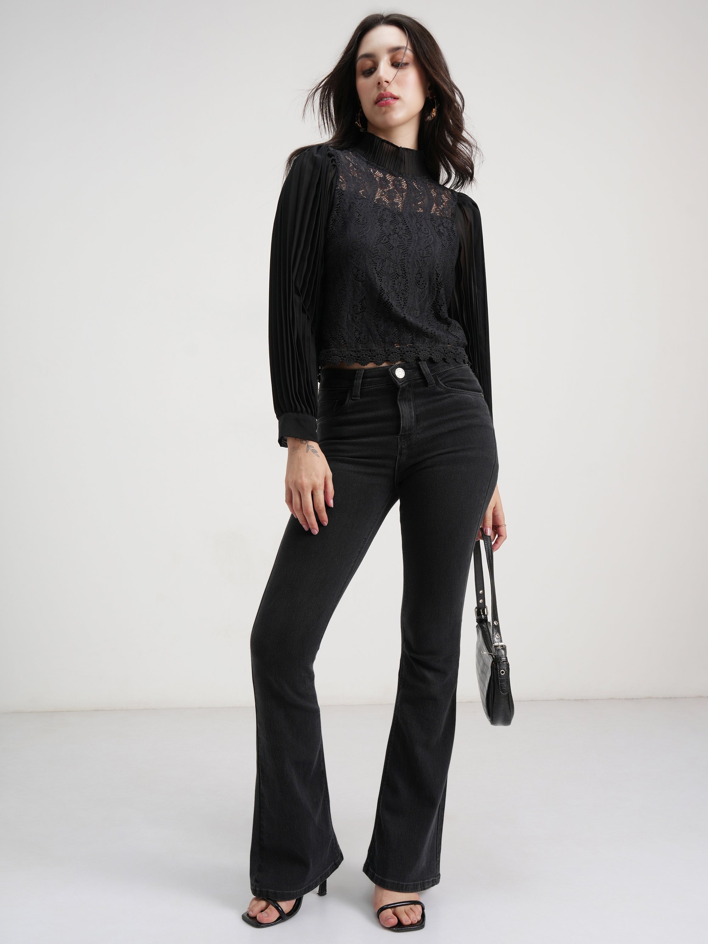Tokyo Talkies Women Black Self Design Regular Top - Black - Image 2
