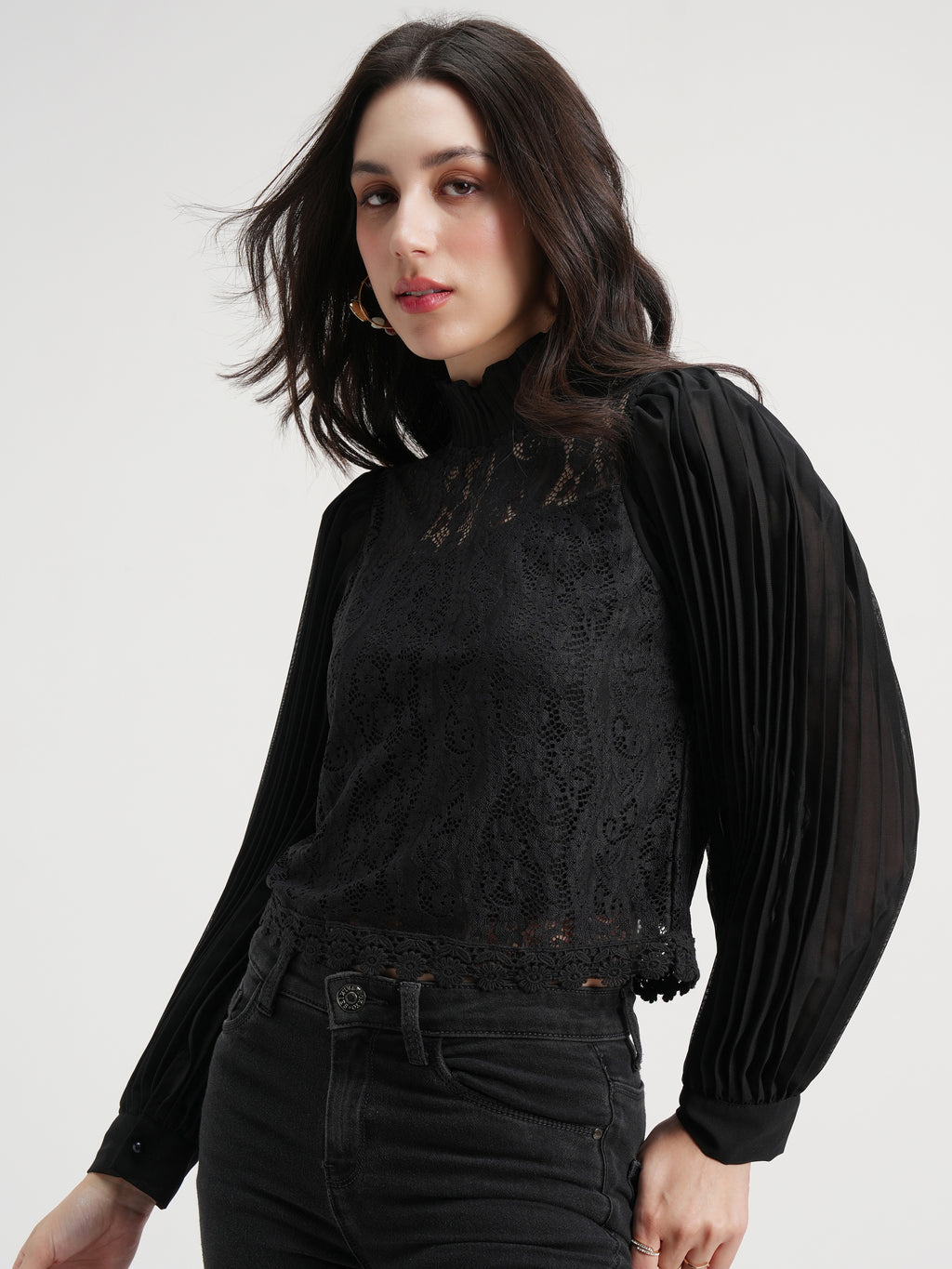 Tokyo Talkies Women Black Self Design Regular Top - Black - Image 4