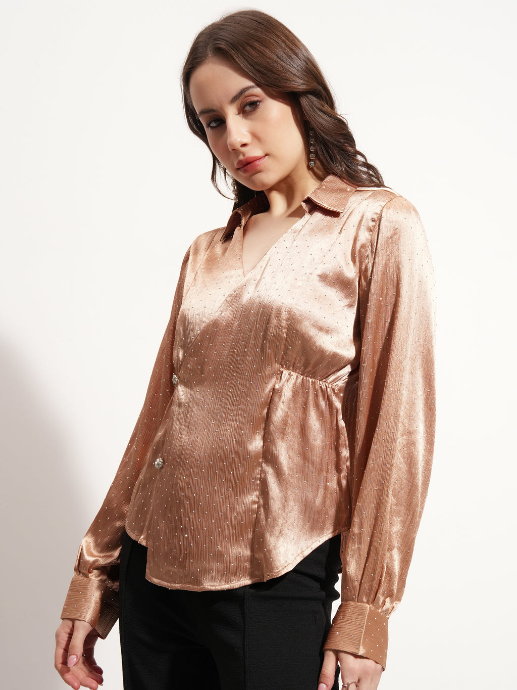 Tokyo Talkies Women Beige Embellished Wrap Top - Beige - Image 4