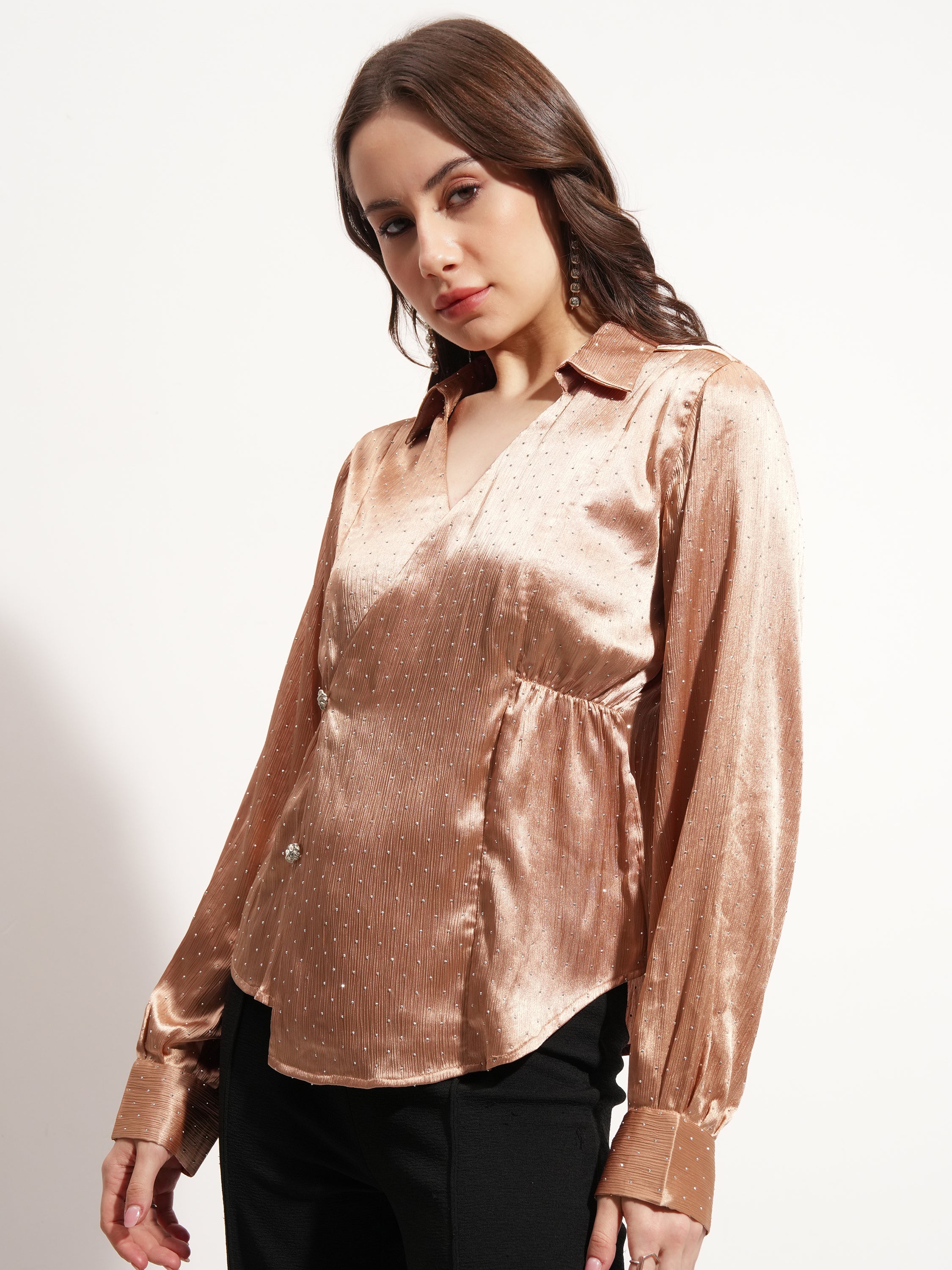 Tokyo Talkies Women Beige Embellished Wrap Top - Beige - Image 4
