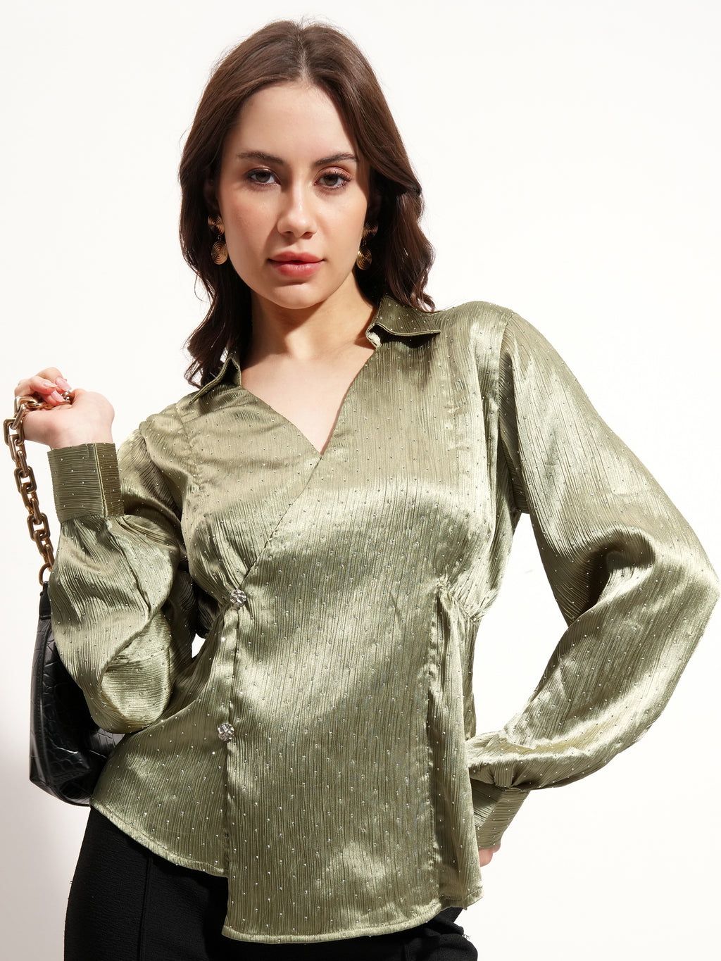 Tokyo Talkies Women Green Embellished Wrap Top - Green - Image 1