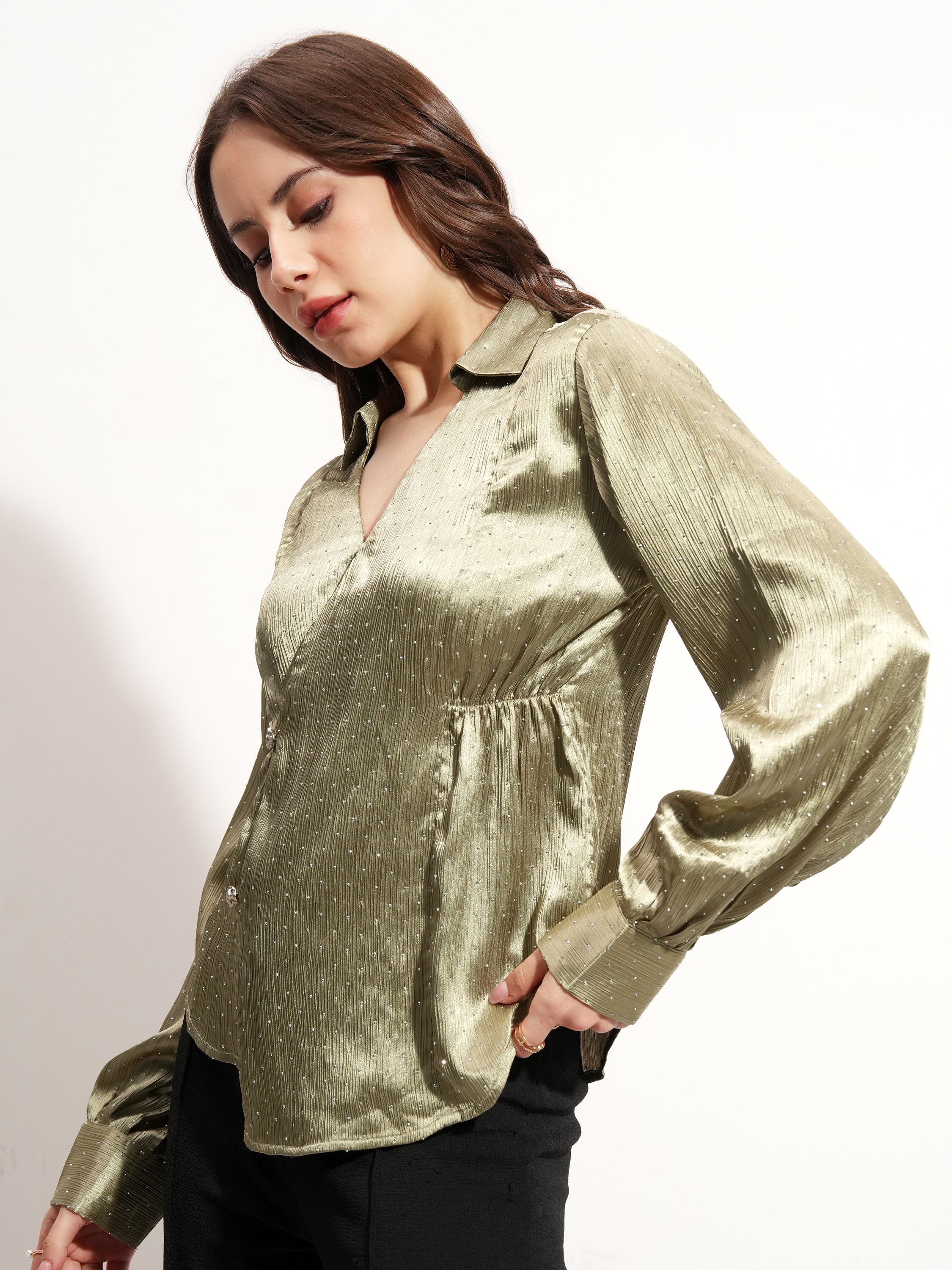 Tokyo Talkies Women Green Embellished Wrap Top - Green - Image 4