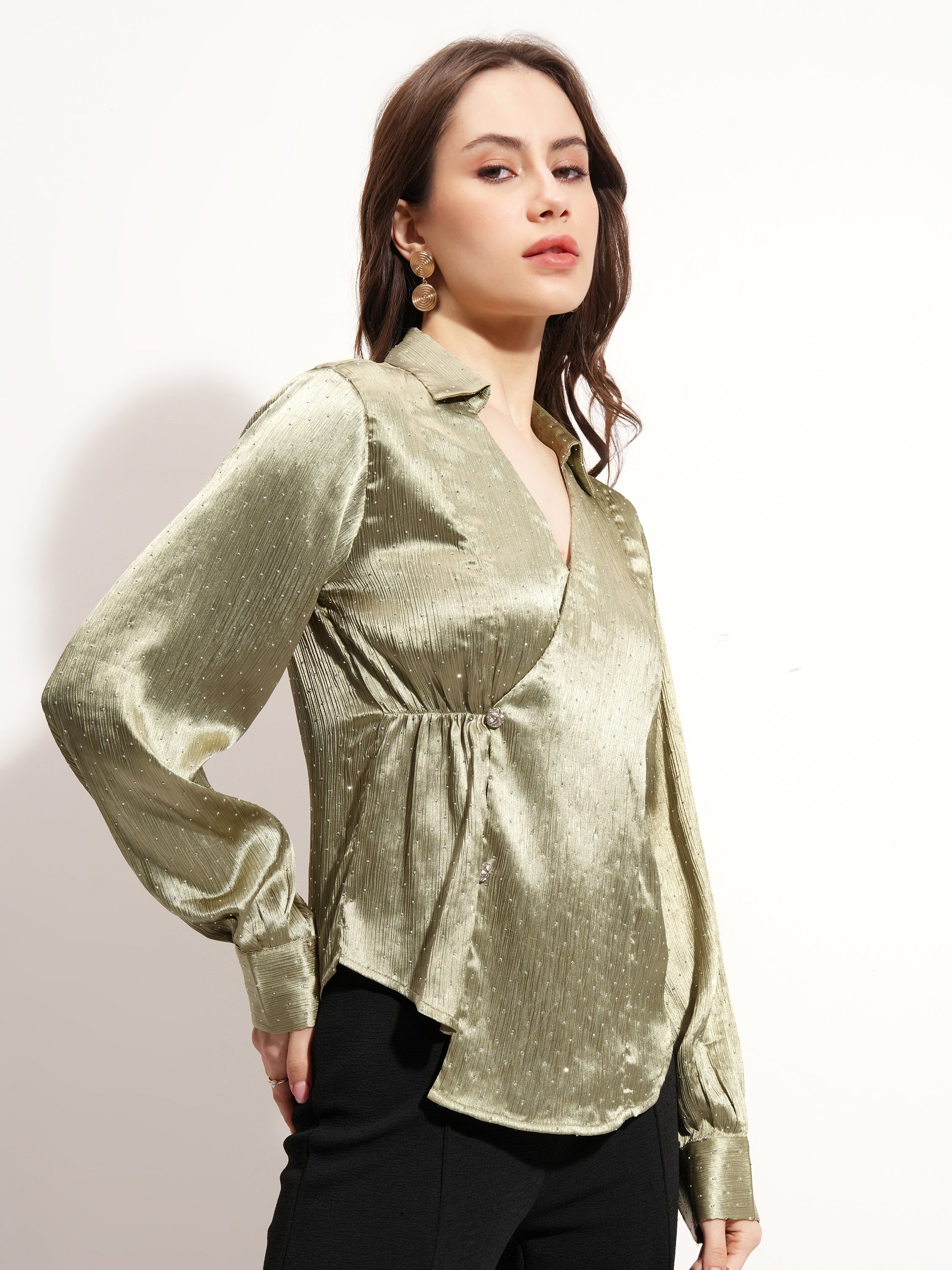 Tokyo Talkies Women Green Embellished Wrap Top - Green - Image 6