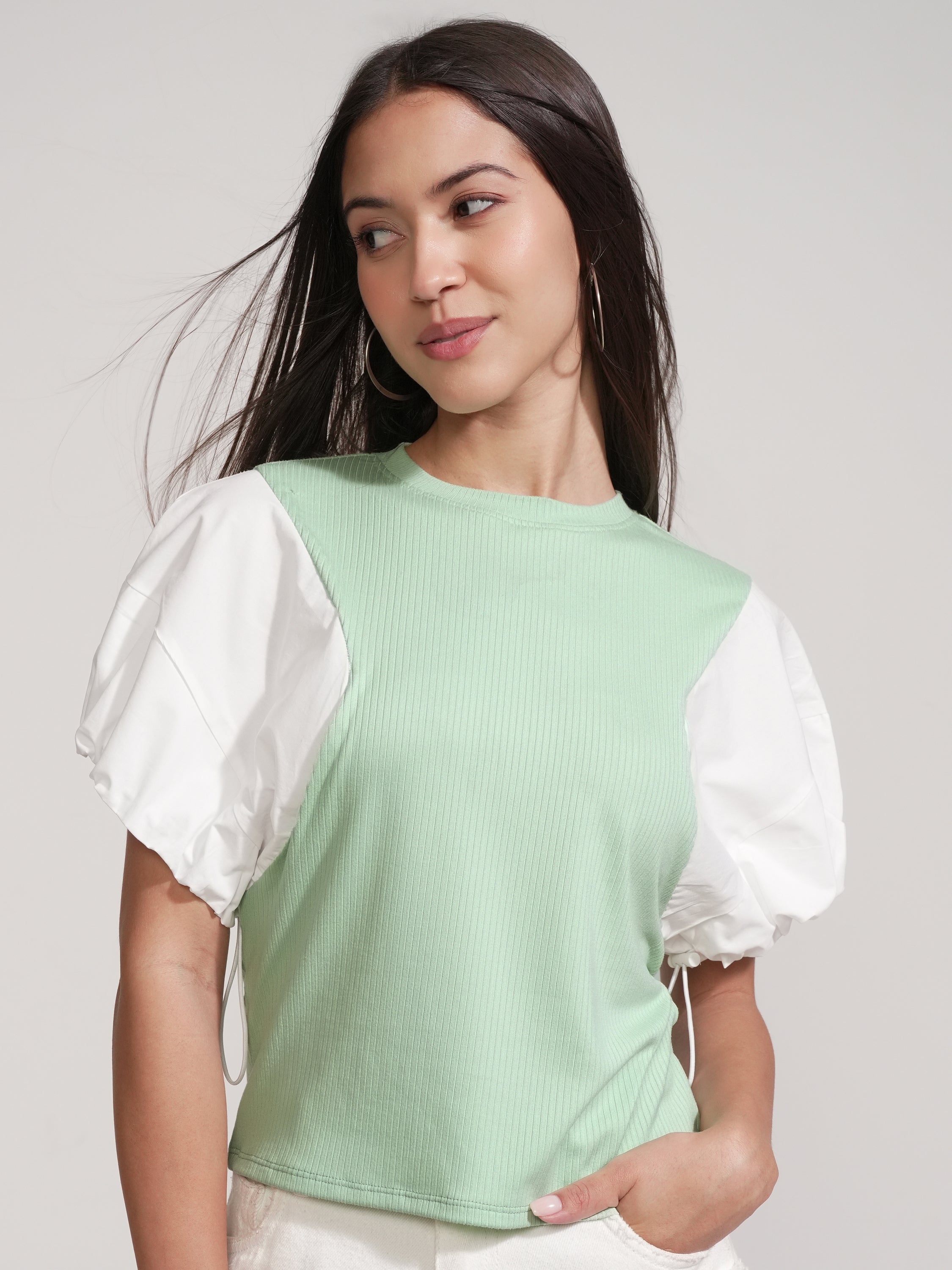 Tokyo Talkies Women Green Solid Regular Top - Green - Image 1