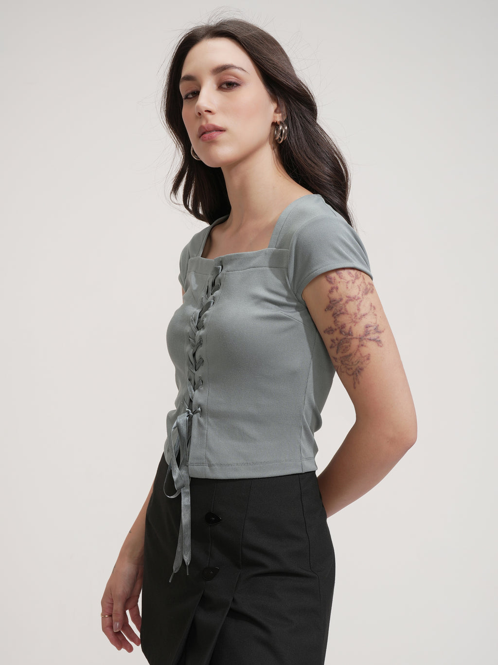 Tokyo Talkies Women Grey Solid Regular Top - Grey - Image 4