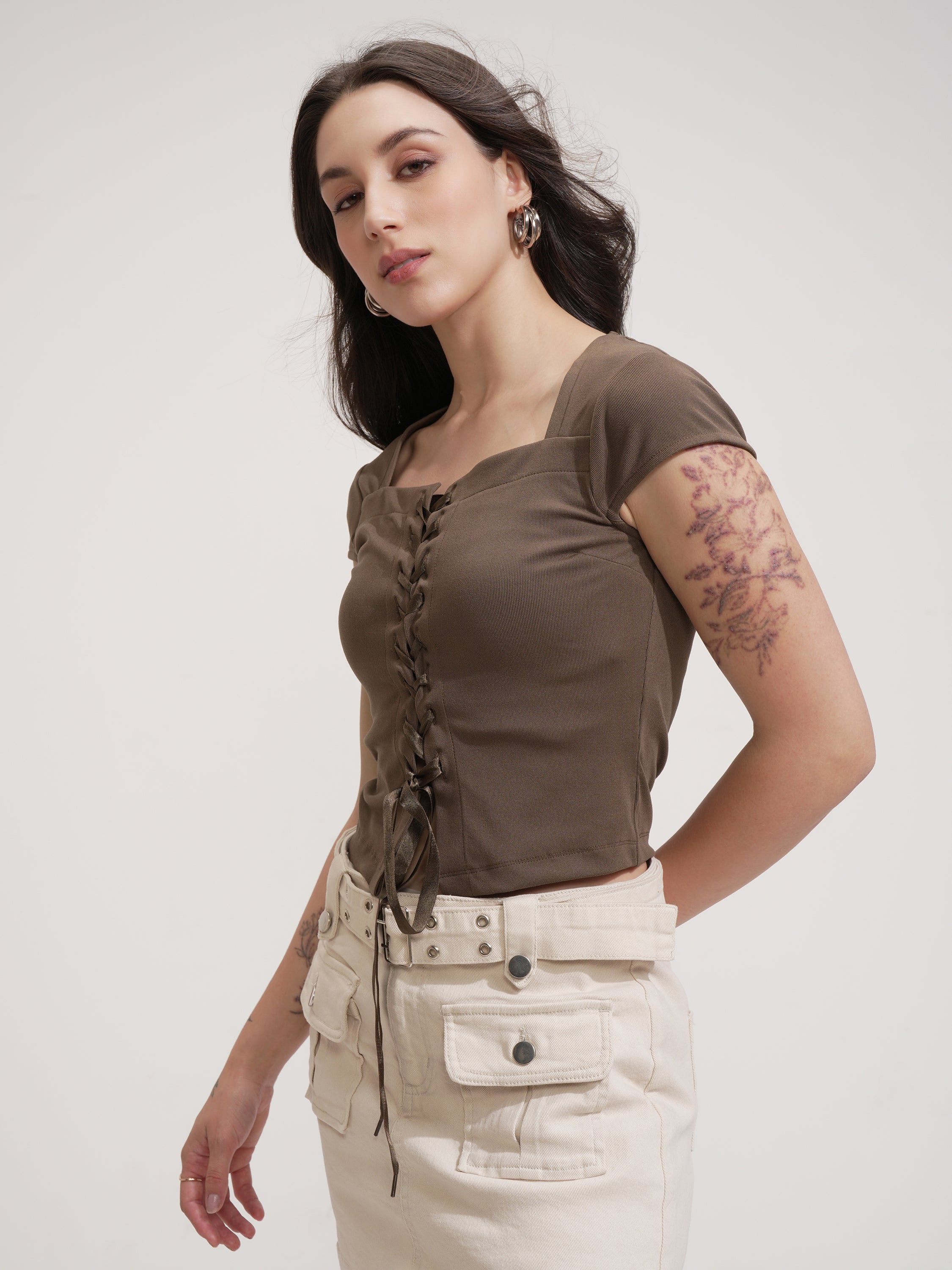 Tokyo Talkies Women Brown Solid Regular Top - Brown - Image 4