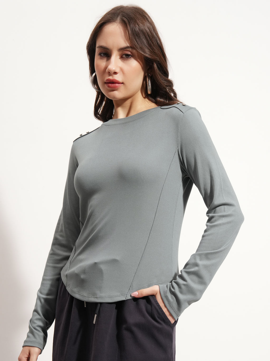 Tokyo Talkies Women Grey Solid Regular Top - Grey - Image 4