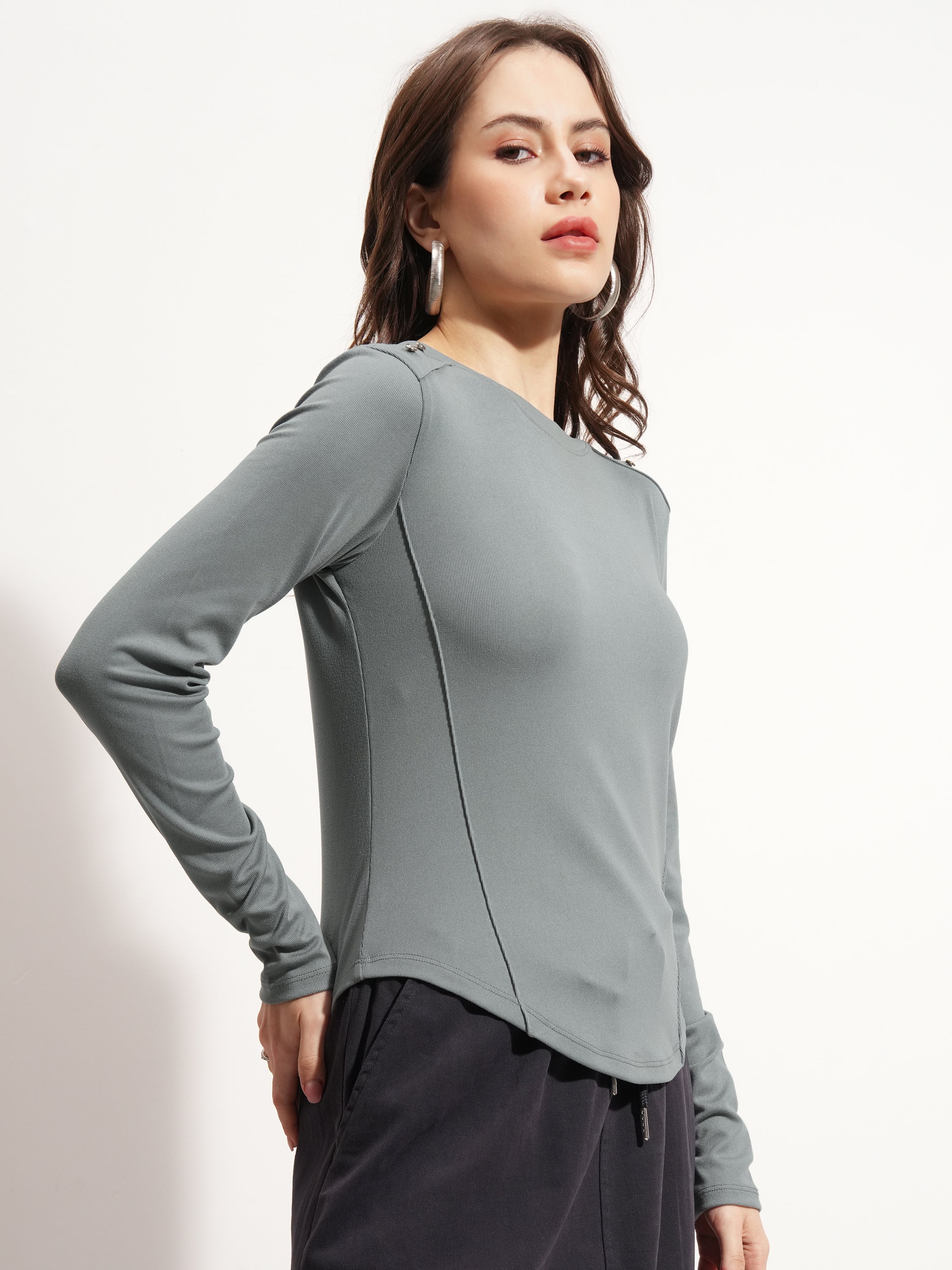 Tokyo Talkies Women Grey Solid Regular Top - Grey - Image 6