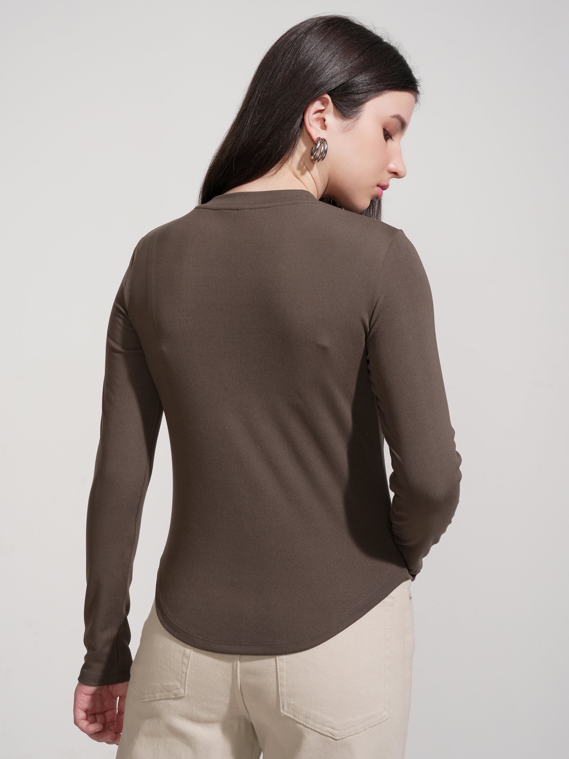 Tokyo Talkies Women Brown Solid Fitted Top - Brown - Image 3