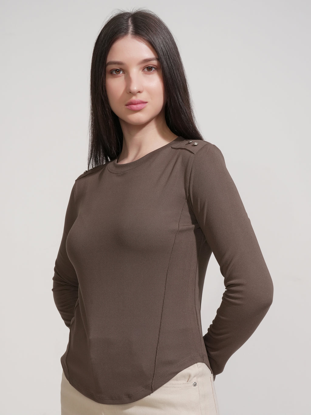 Tokyo Talkies Women Brown Solid Fitted Top - Brown - Image 4
