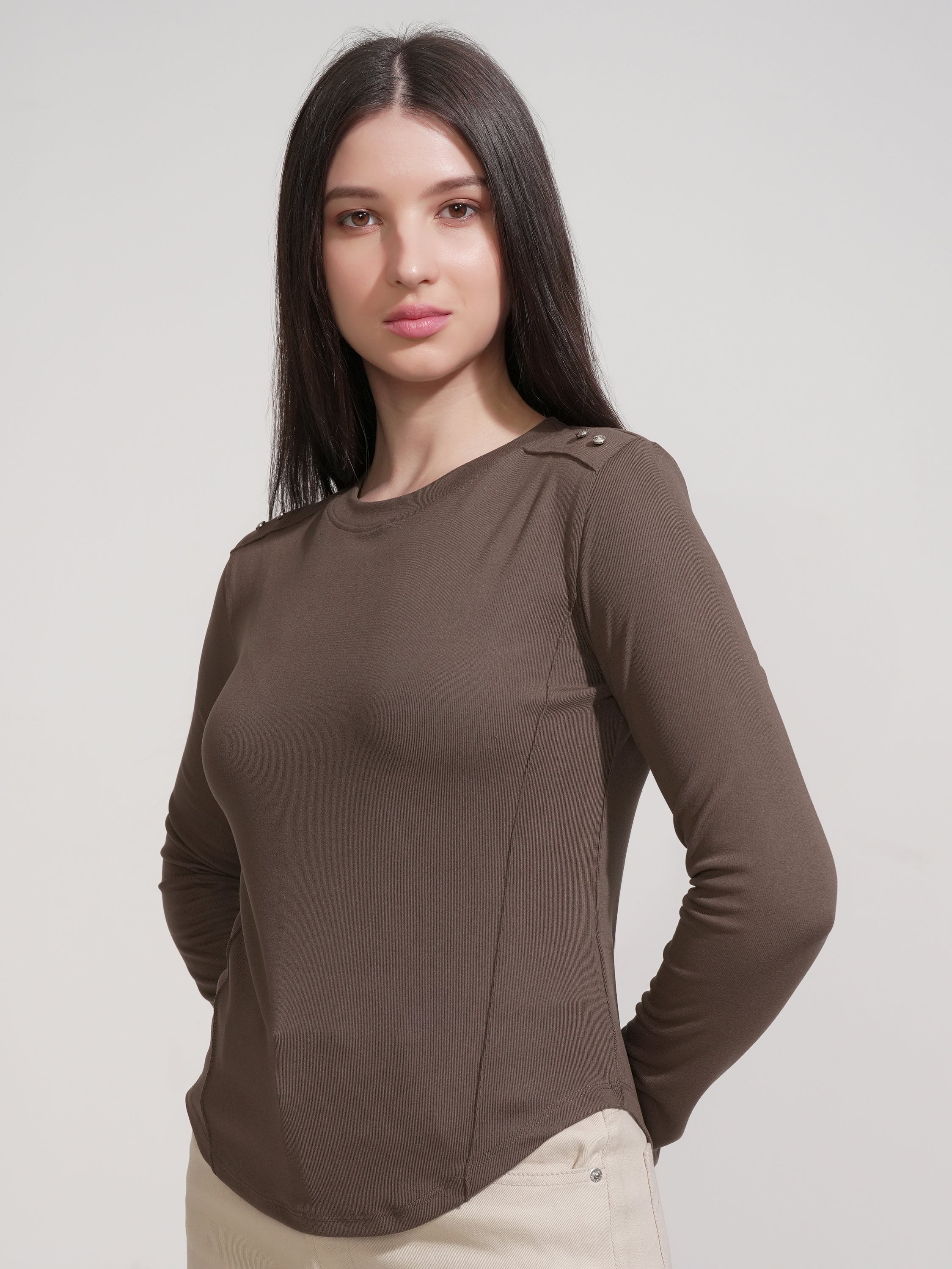Tokyo Talkies Women Brown Solid Fitted Top - Brown - Image 4