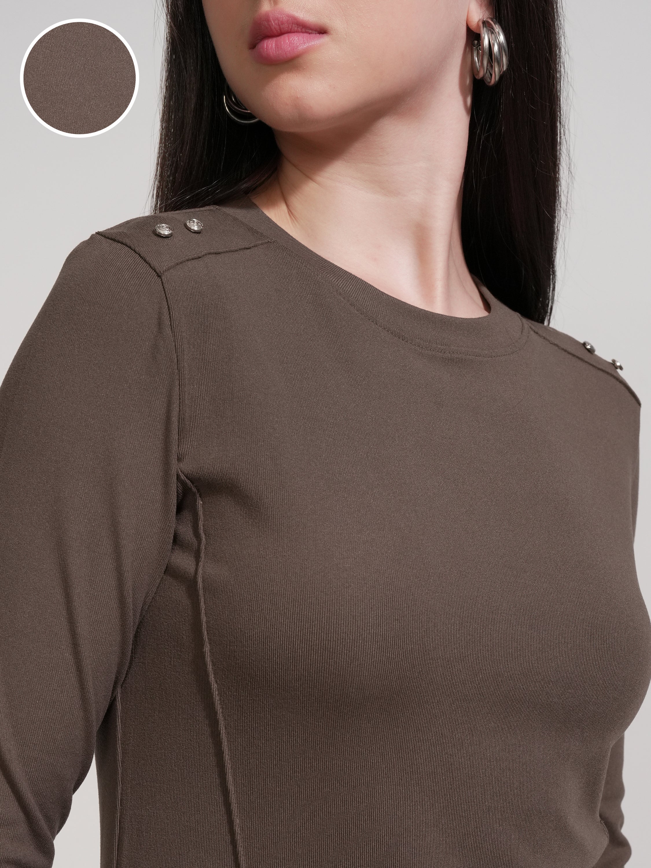 Tokyo Talkies Women Brown Solid Fitted Top - Brown - Image 5