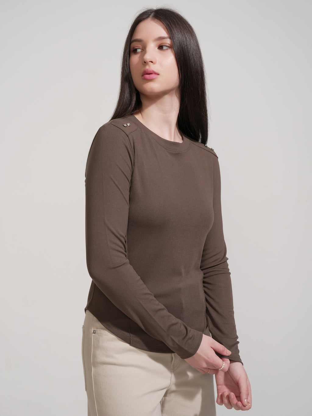 Tokyo Talkies Women Brown Solid Fitted Top - Brown - Image 6