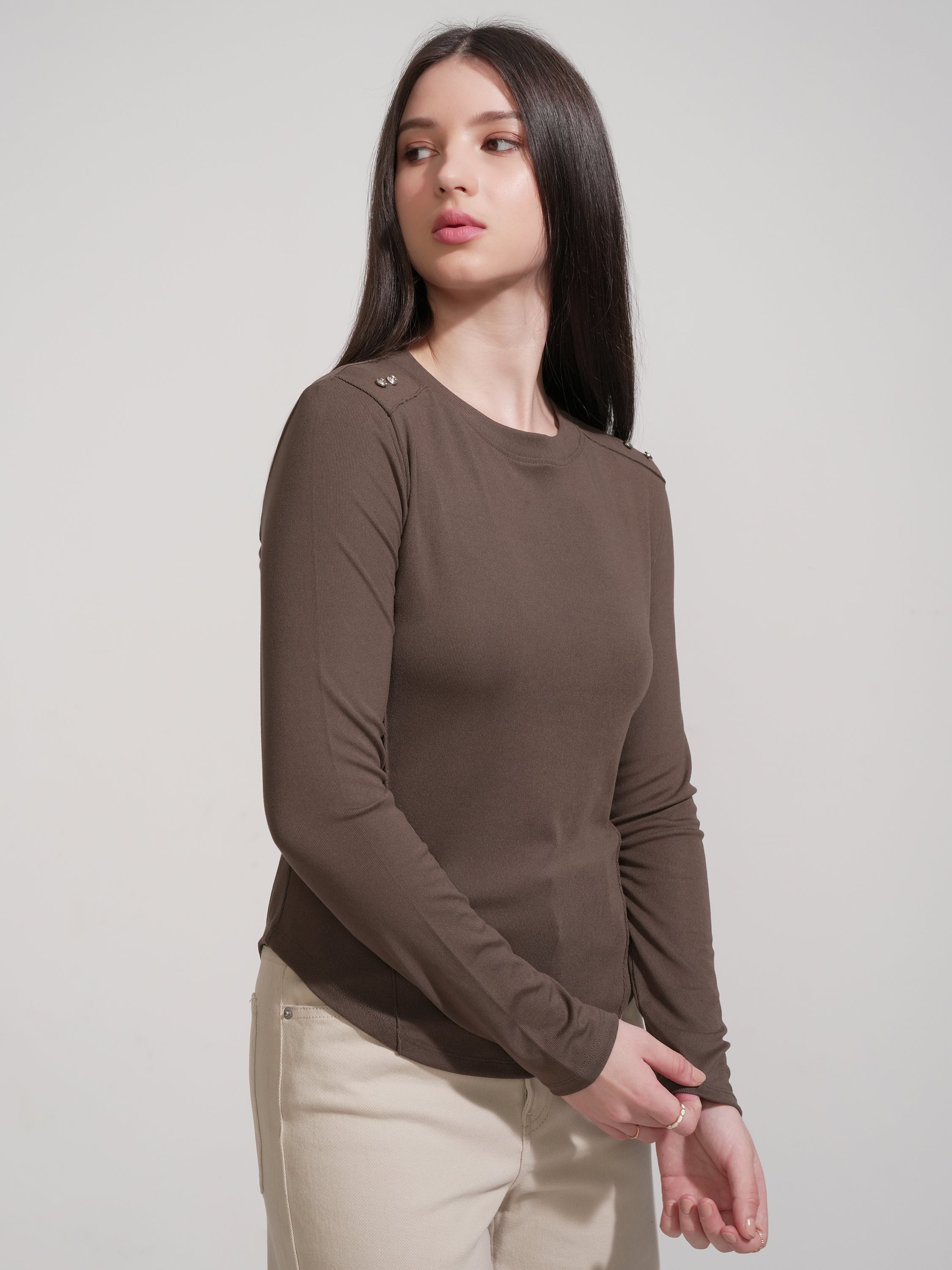 Tokyo Talkies Women Brown Solid Fitted Top - Brown - Image 6