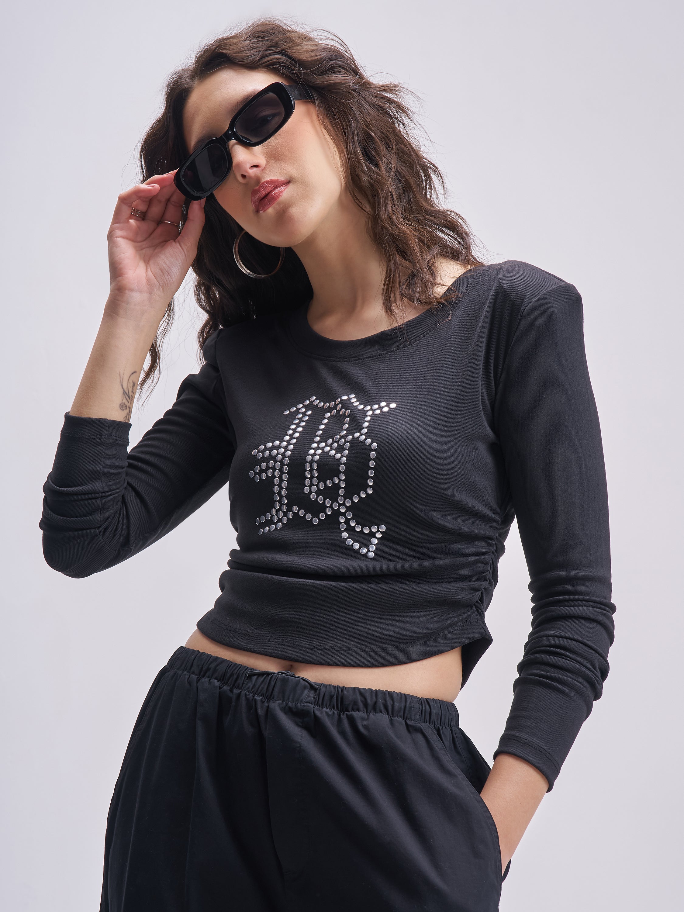 Tokyo Talkies Women Black Embellished Regular Top - Black - Image 1
