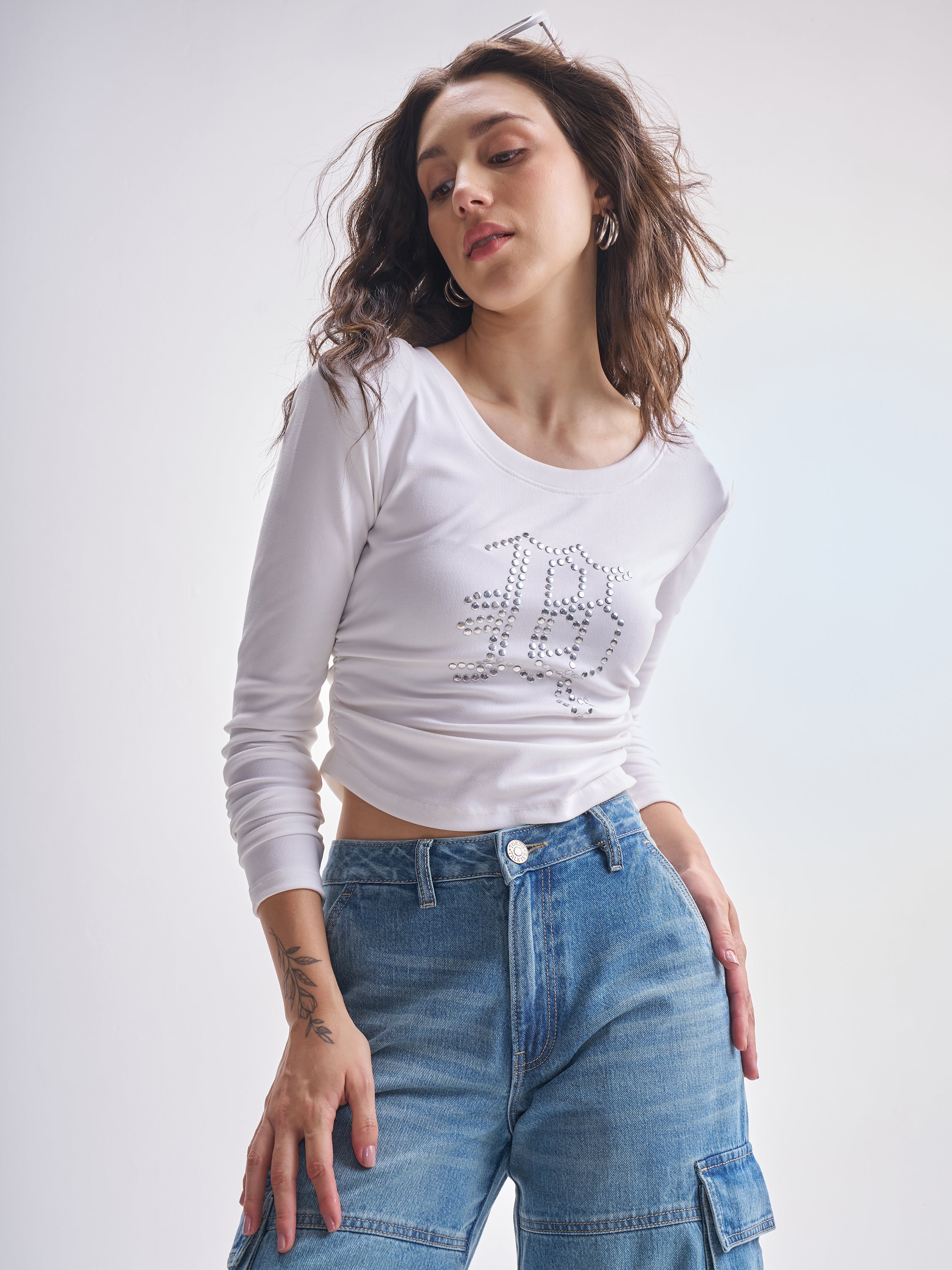 Tokyo Talkies Women White Embellished Regular Top - White - Image 1