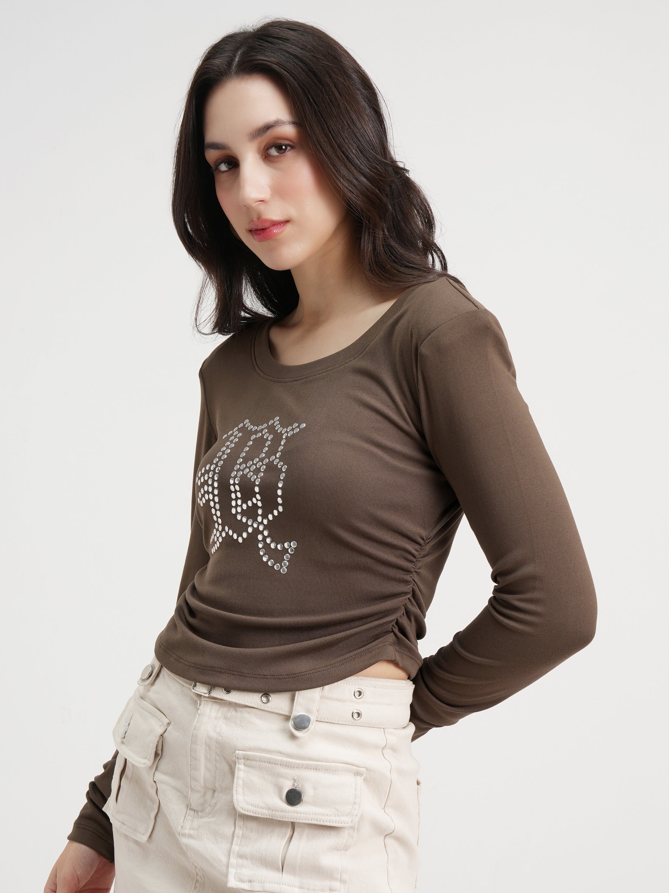 Tokyo Talkies Women Brown Embellished Regular Top - Brown - Image 4