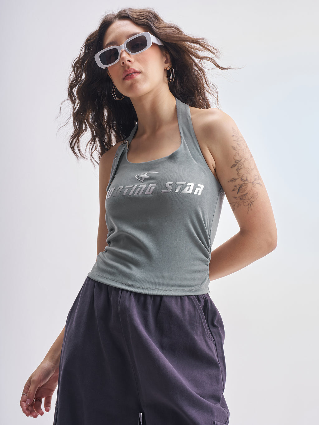 Tokyo Talkies Women Grey Printed Fitted Top - Grey - Image 1