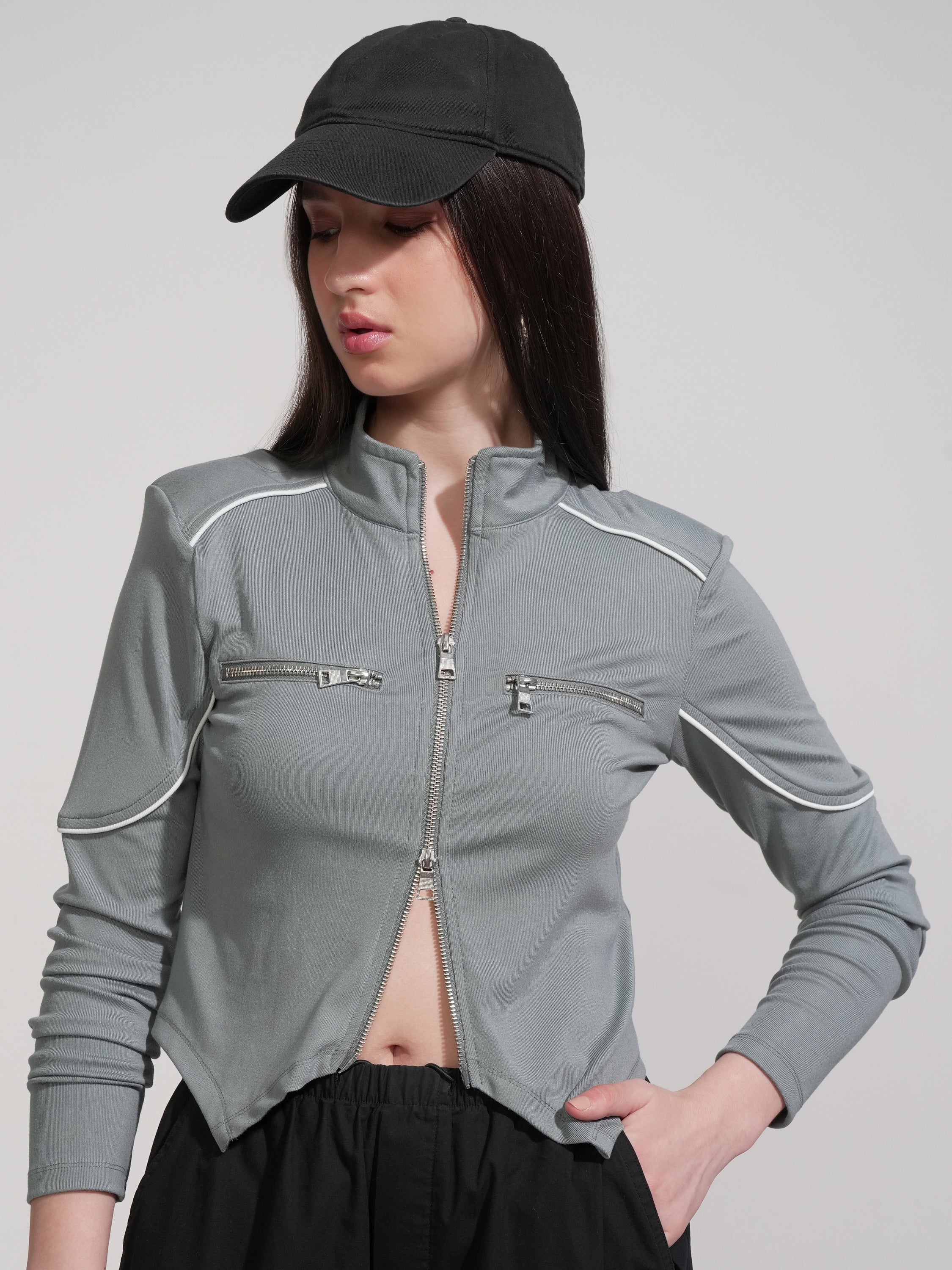 Tokyo Talkies Women Grey Solid Fitted Top - Grey - Image 1