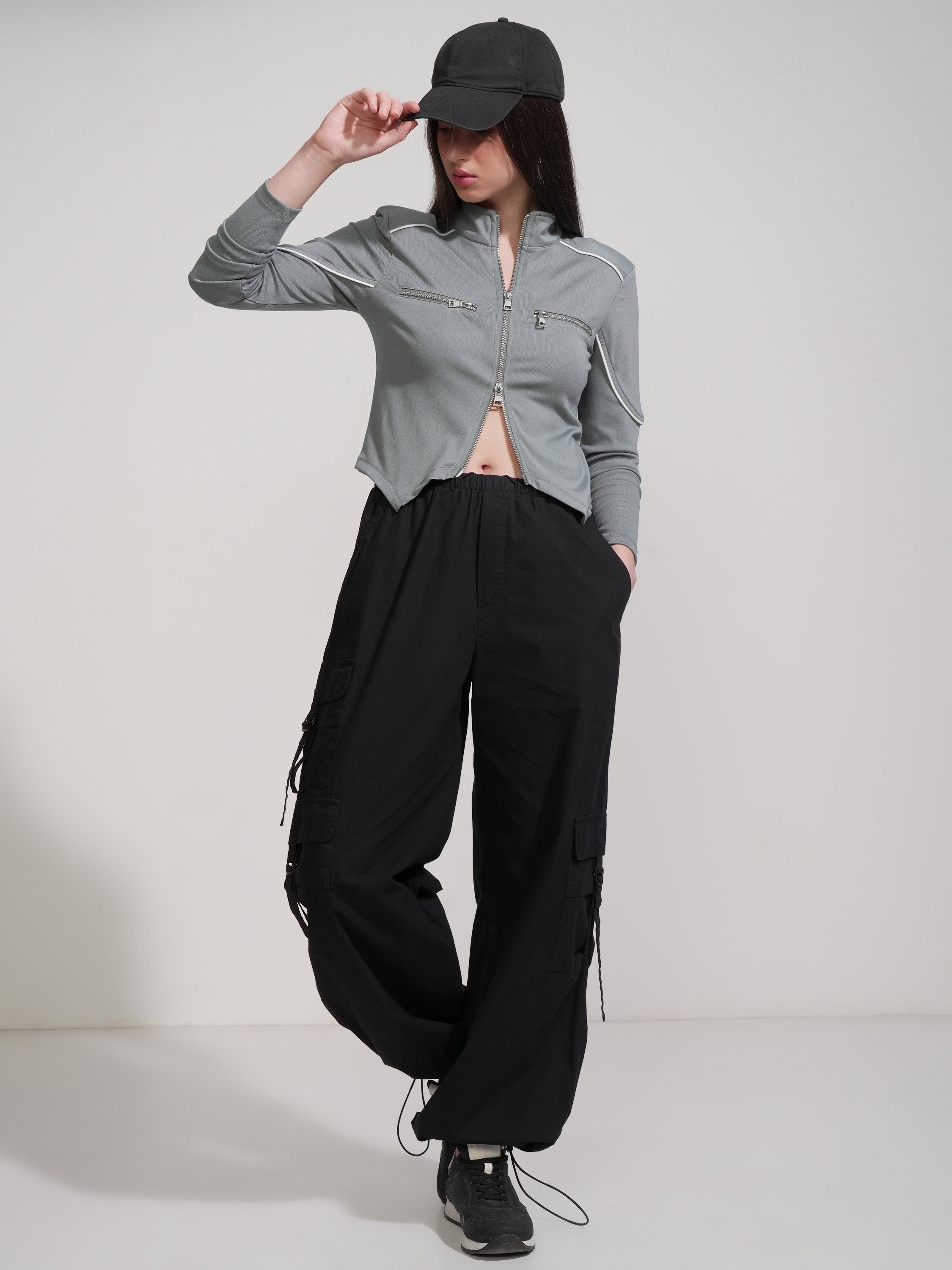Tokyo Talkies Women Grey Solid Fitted Top - Grey - Image 2