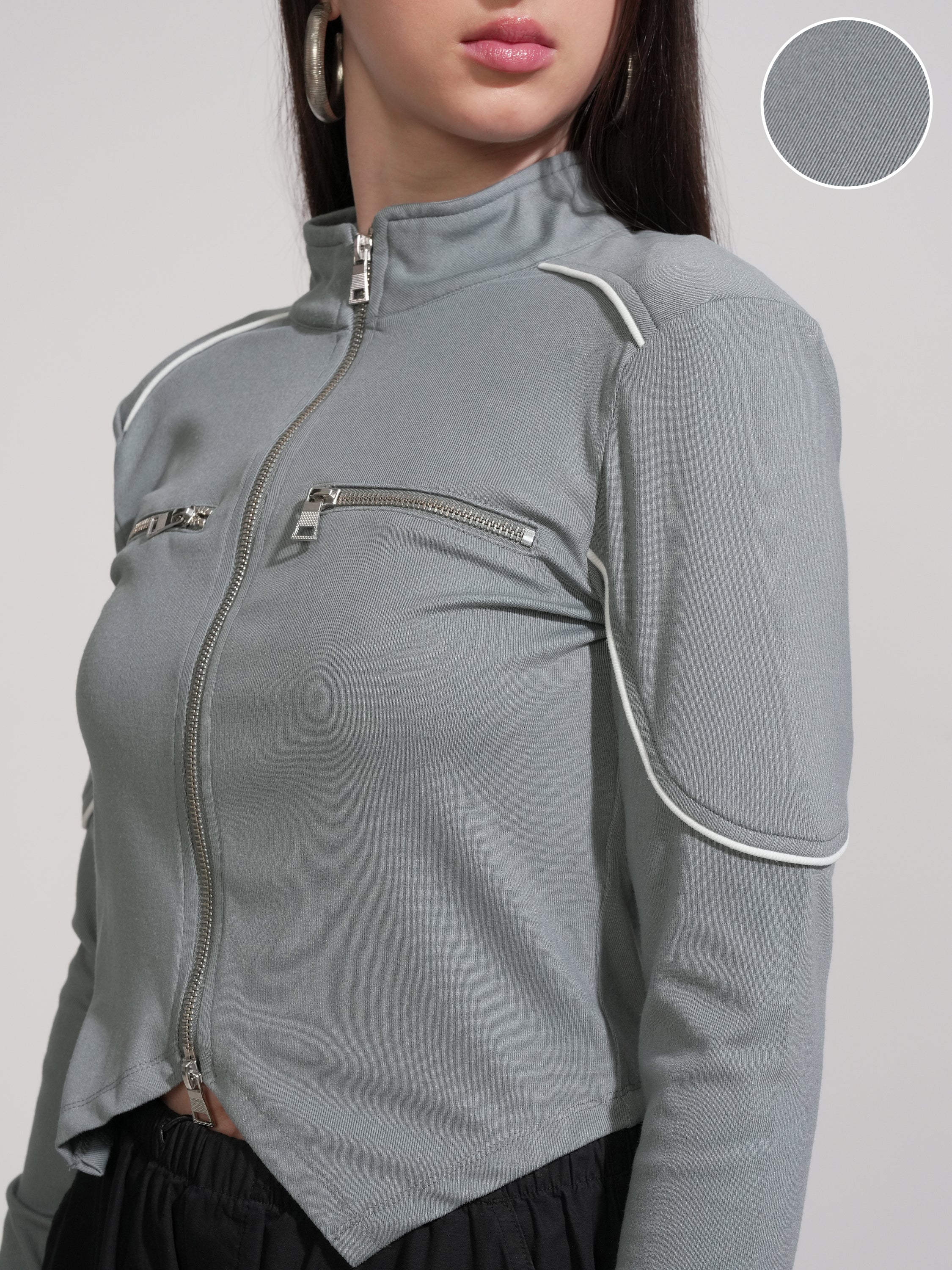 Tokyo Talkies Women Grey Solid Fitted Top - Grey - Image 5