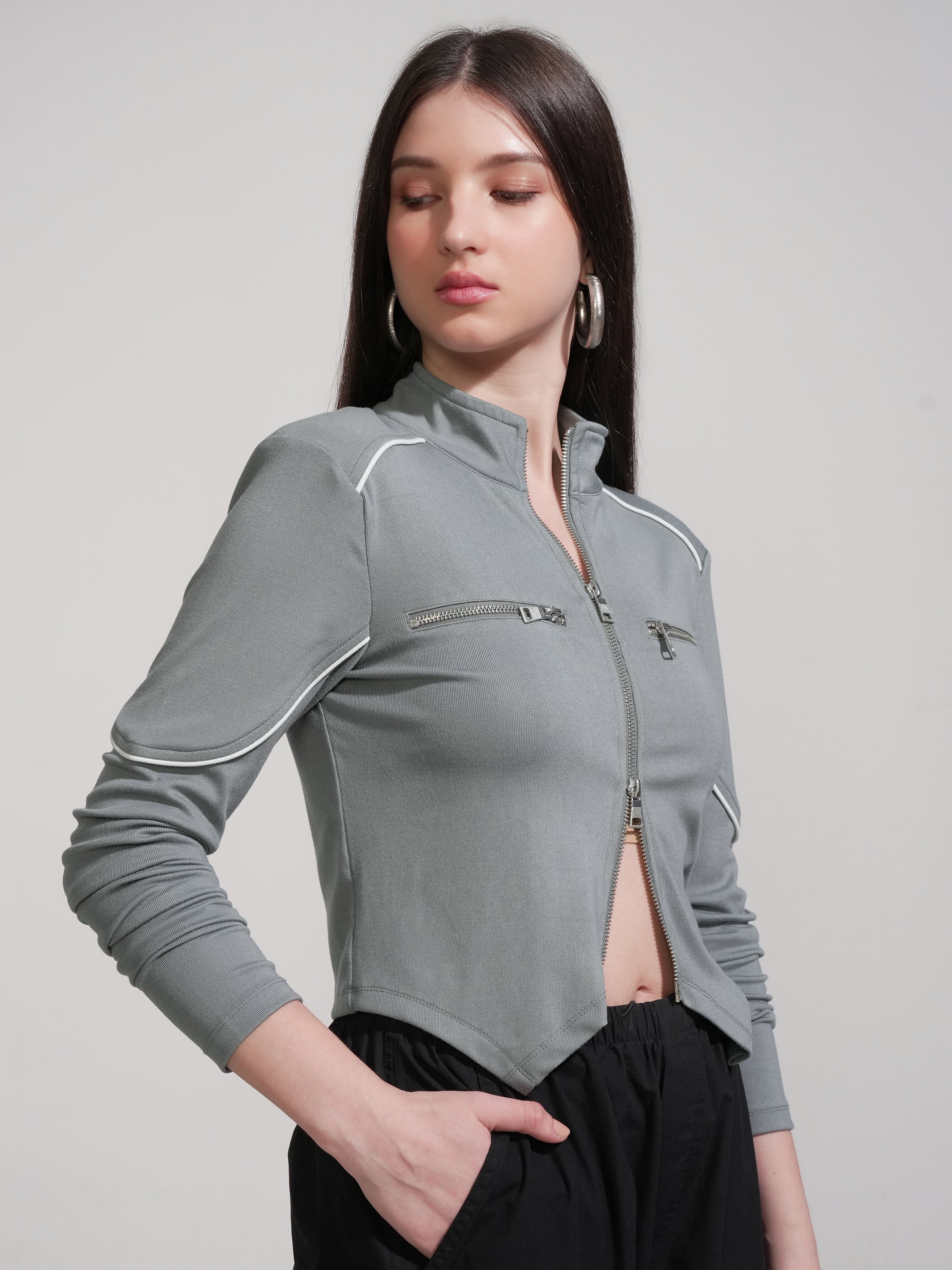 Tokyo Talkies Women Grey Solid Fitted Top - Grey - Image 6